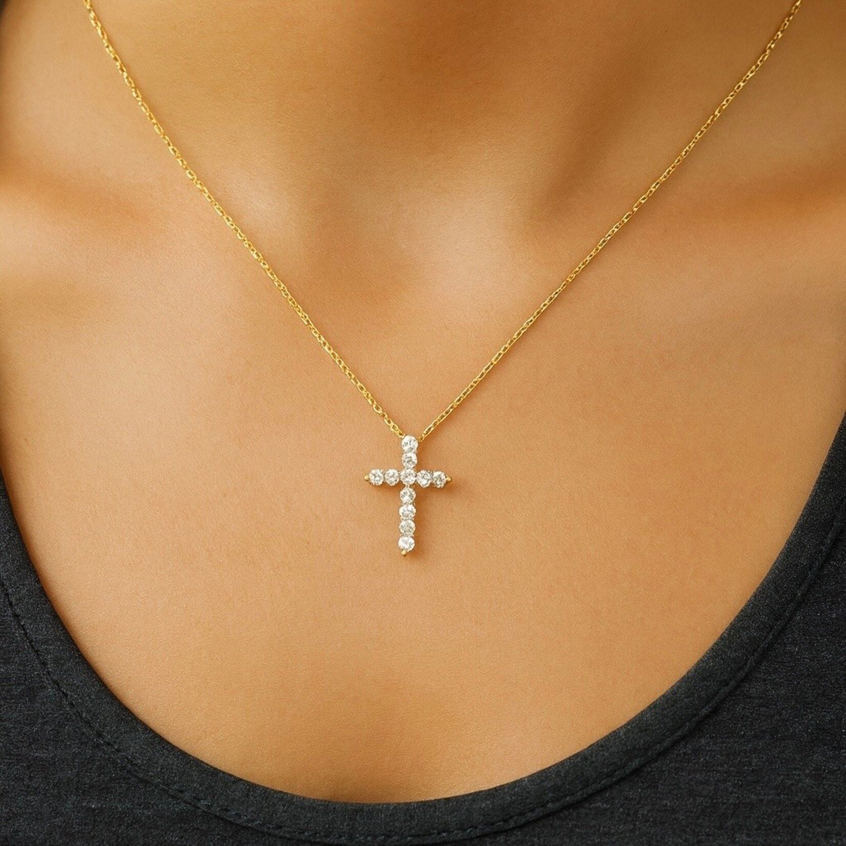 14K Yellow Gold Petite 1/3 Carat Diamond Cross Pendant