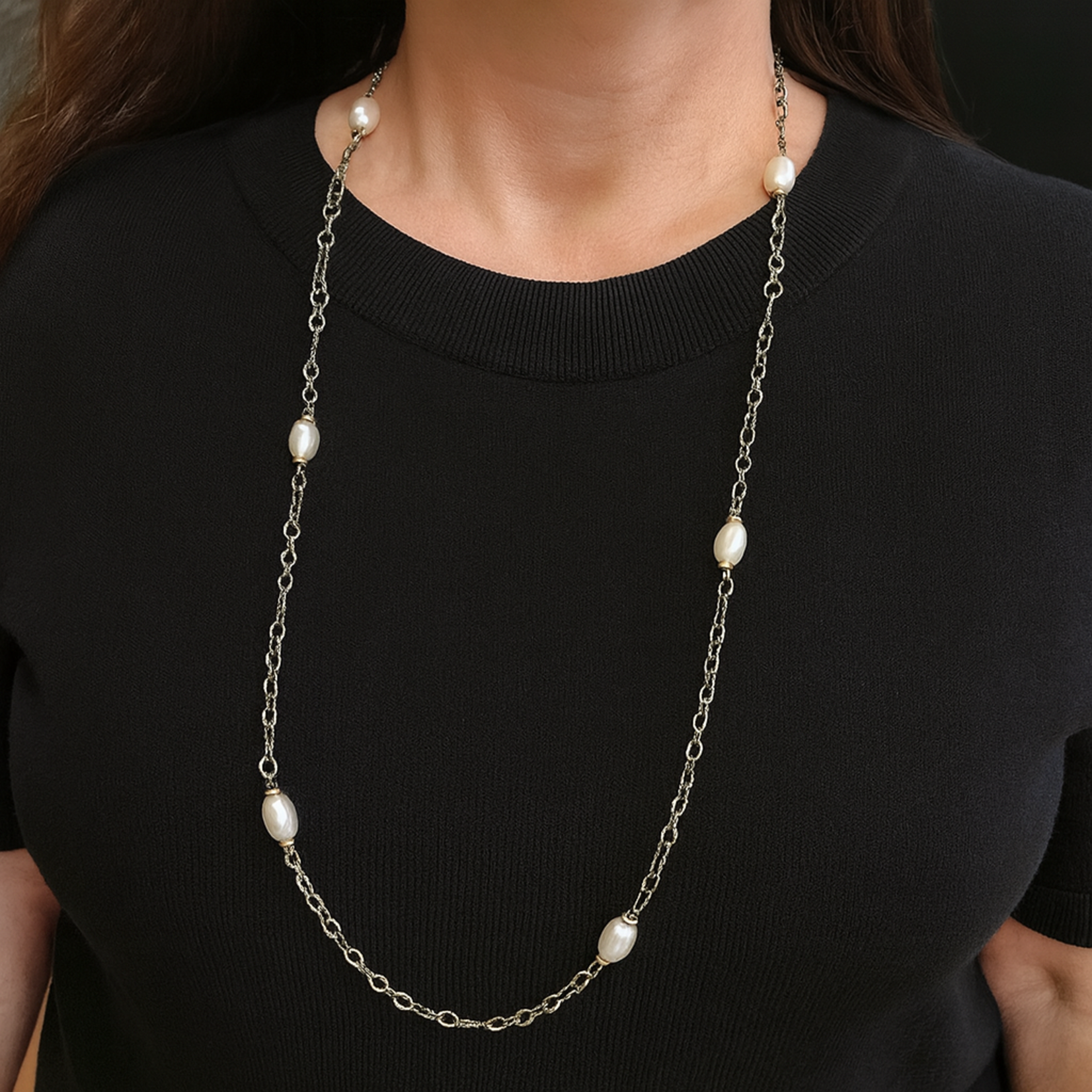 Sterling Silver and 18K Yellow Gold David Yurman Pearl Figaro Station Necklace