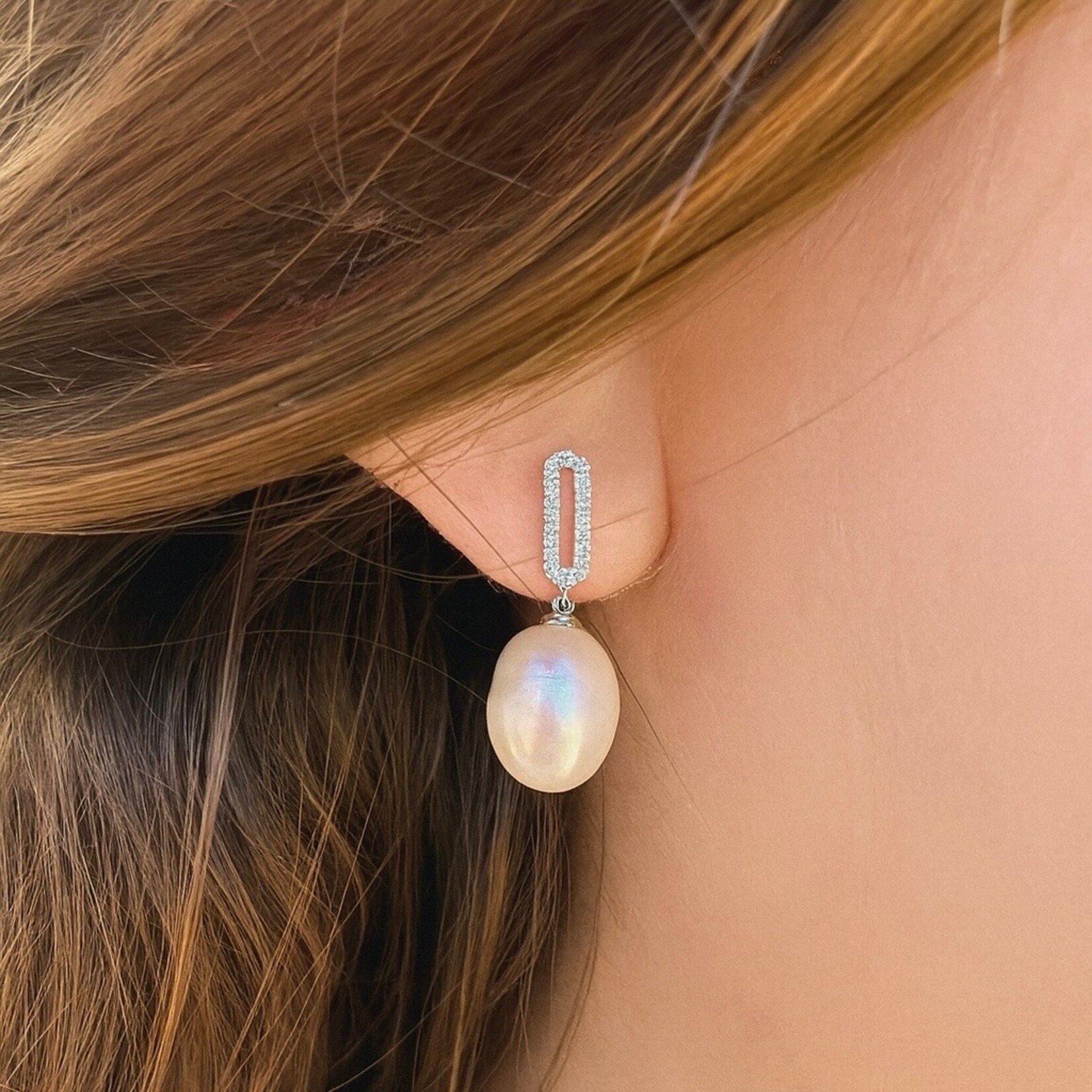 14K White Gold  Akoya Pearl & Diamond Drop Earrings