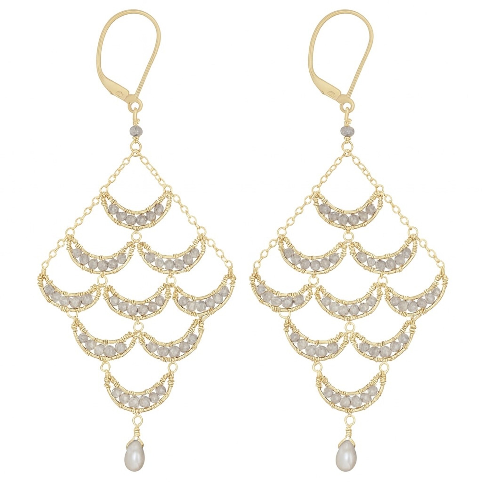 Michelle Pressler 14KF Yellow Gold  White Zircon & Pearl Chandelier Earrings