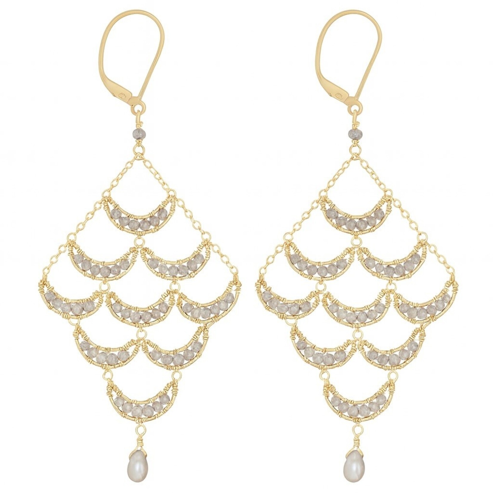 Michelle Pressler 14KF Yellow Gold  White Zircon & Pearl Chandelier Earrings