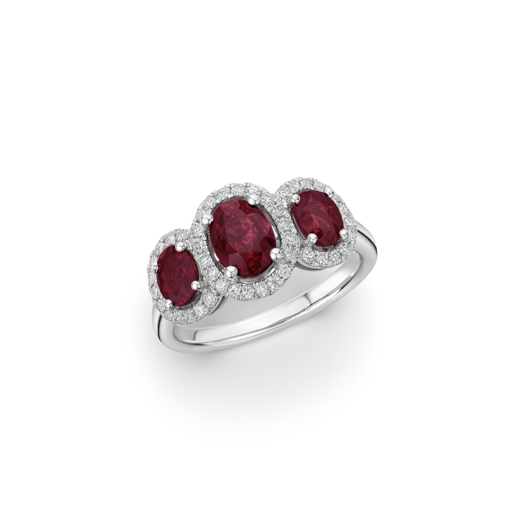 14KW Ruby 1.25ctw & Diamond 0.25ctw Three Stone Halo Ring