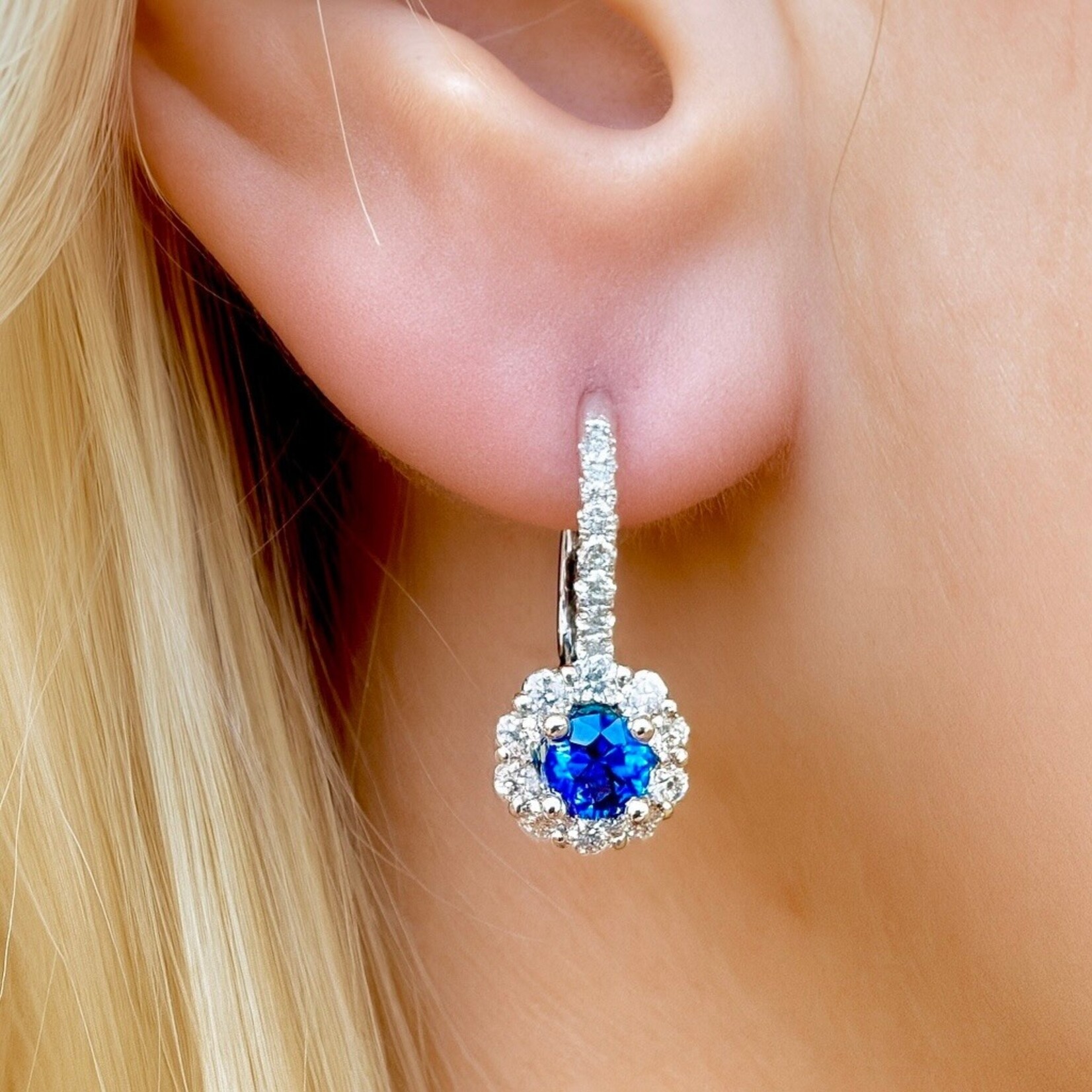 18K White Gold Tanzanite  & Diamond Halo Drop Earrings