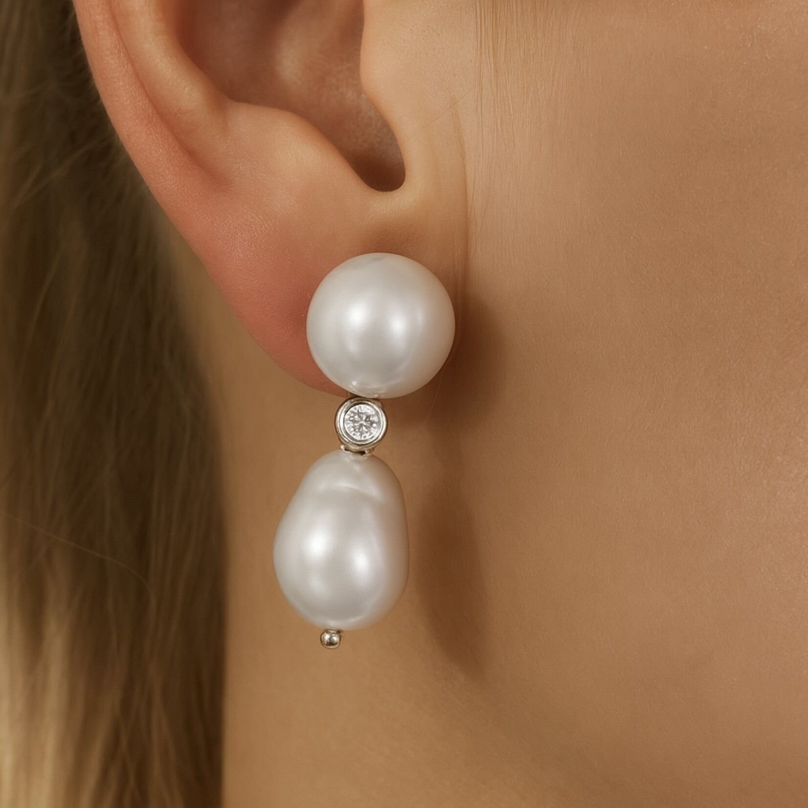 14K White Gold South Sea Pearl & Diamond Drop Earrings