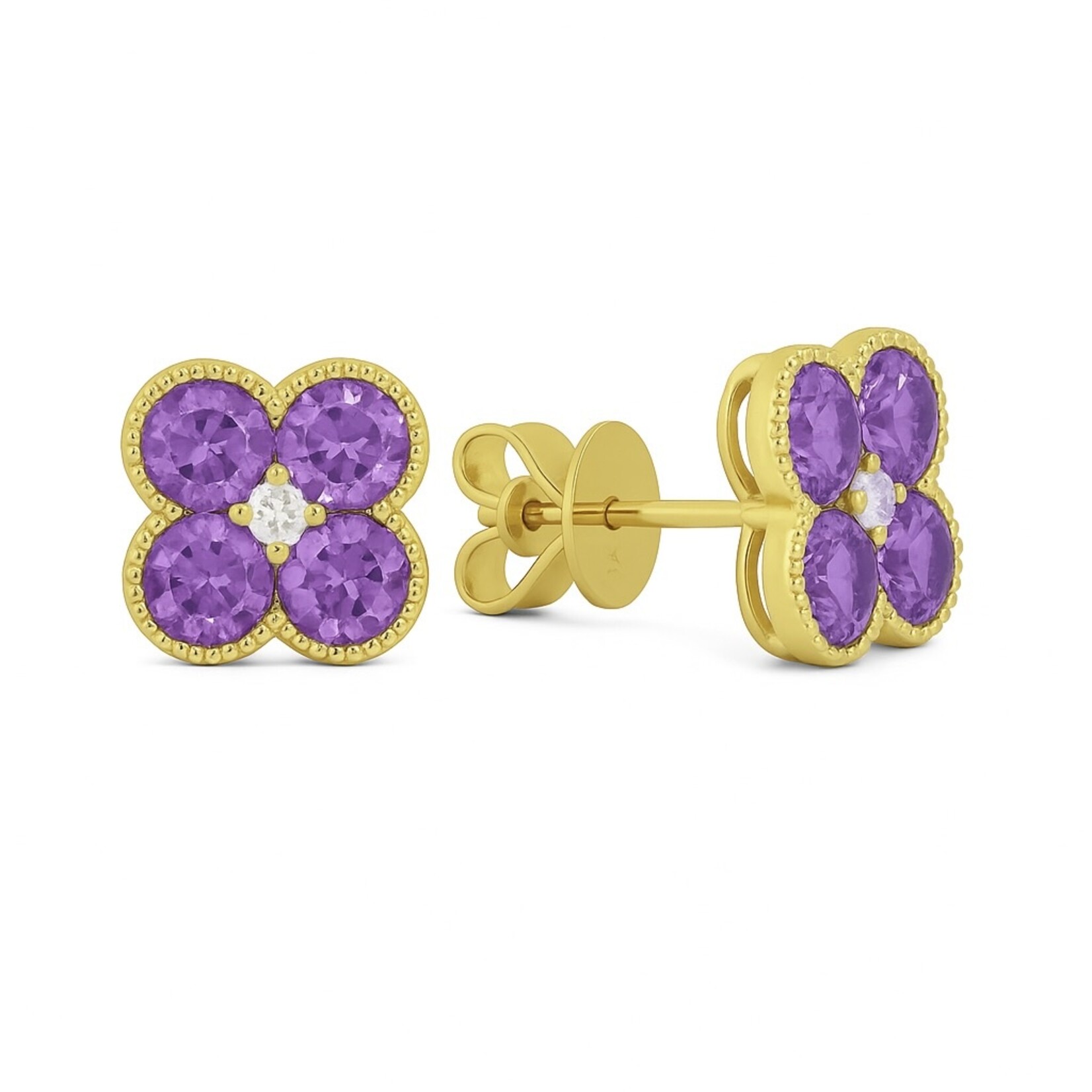 14K Yellow Gold  Amethyst and Diamond Stud Earrings
