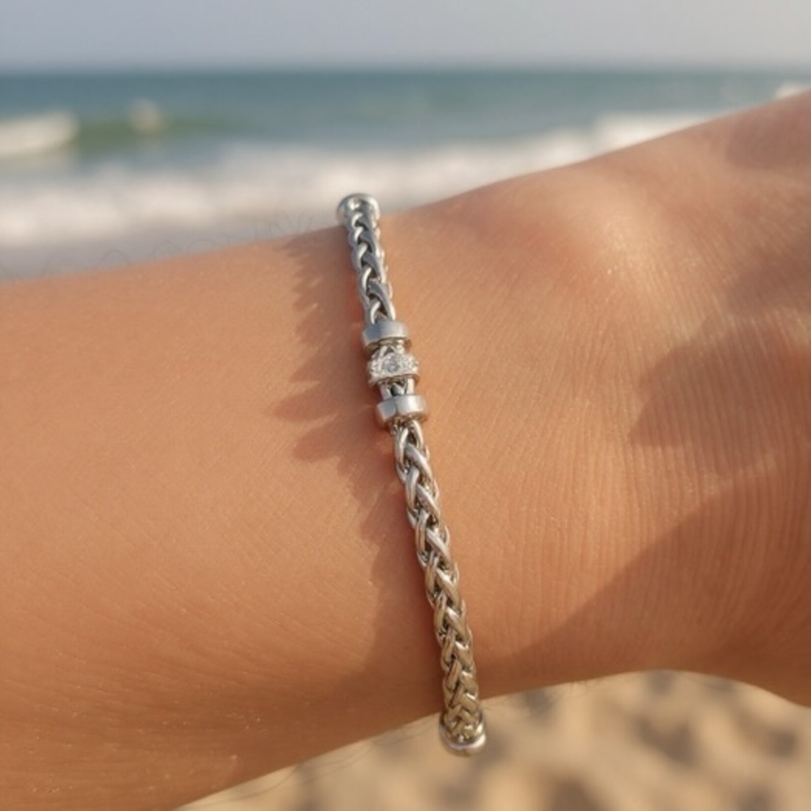 Sterling Silver Diamond Rondelle Wheat Chain Bracelet