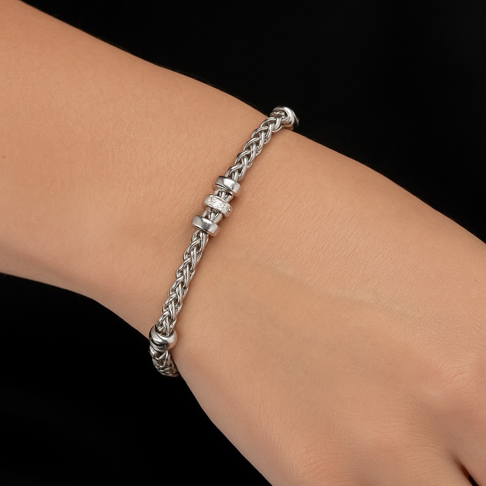 Sterling Silver Diamond Rondelle Wheat Chain Bracelet