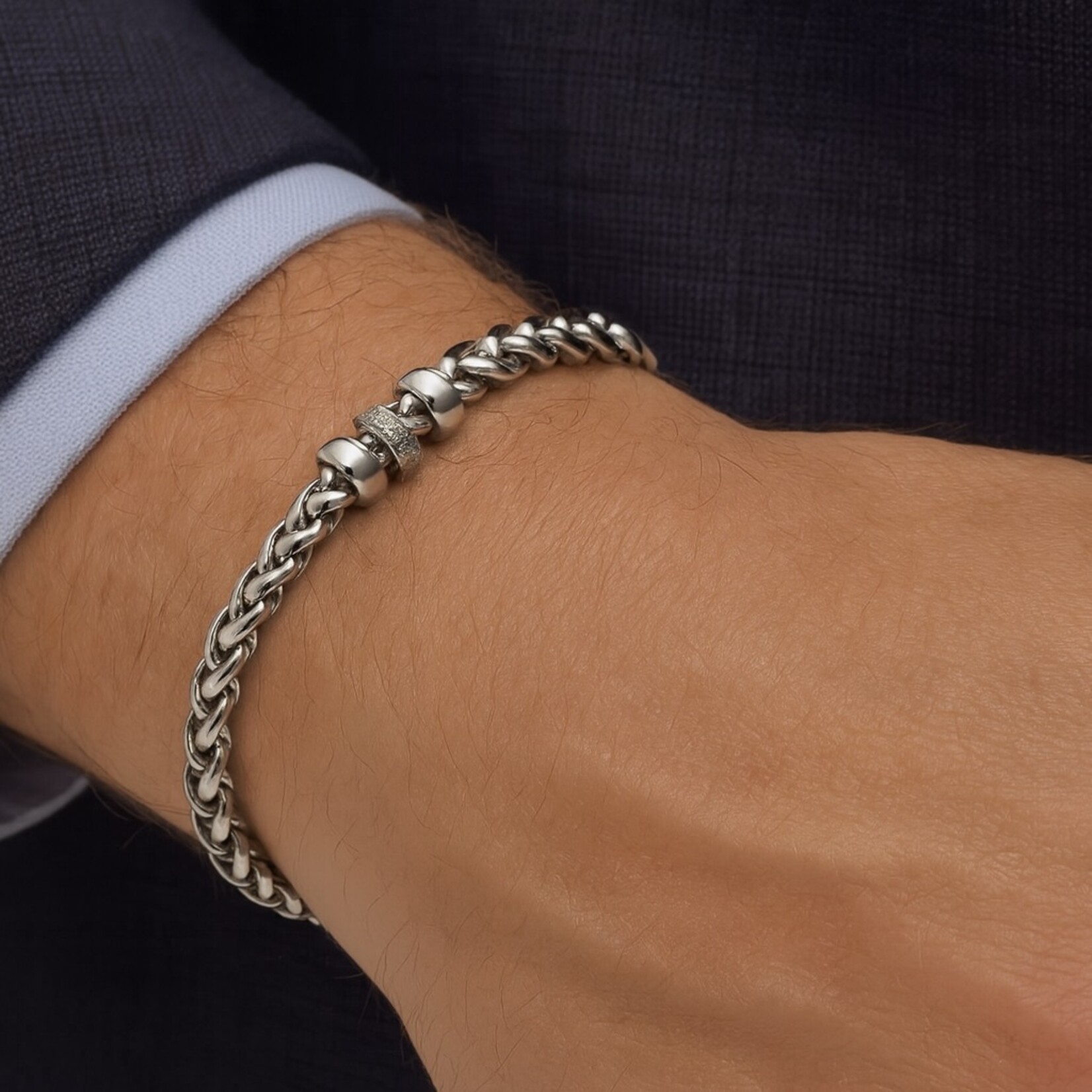 Sterling Silver Diamond Rondelle Wheat Chain Bracelet