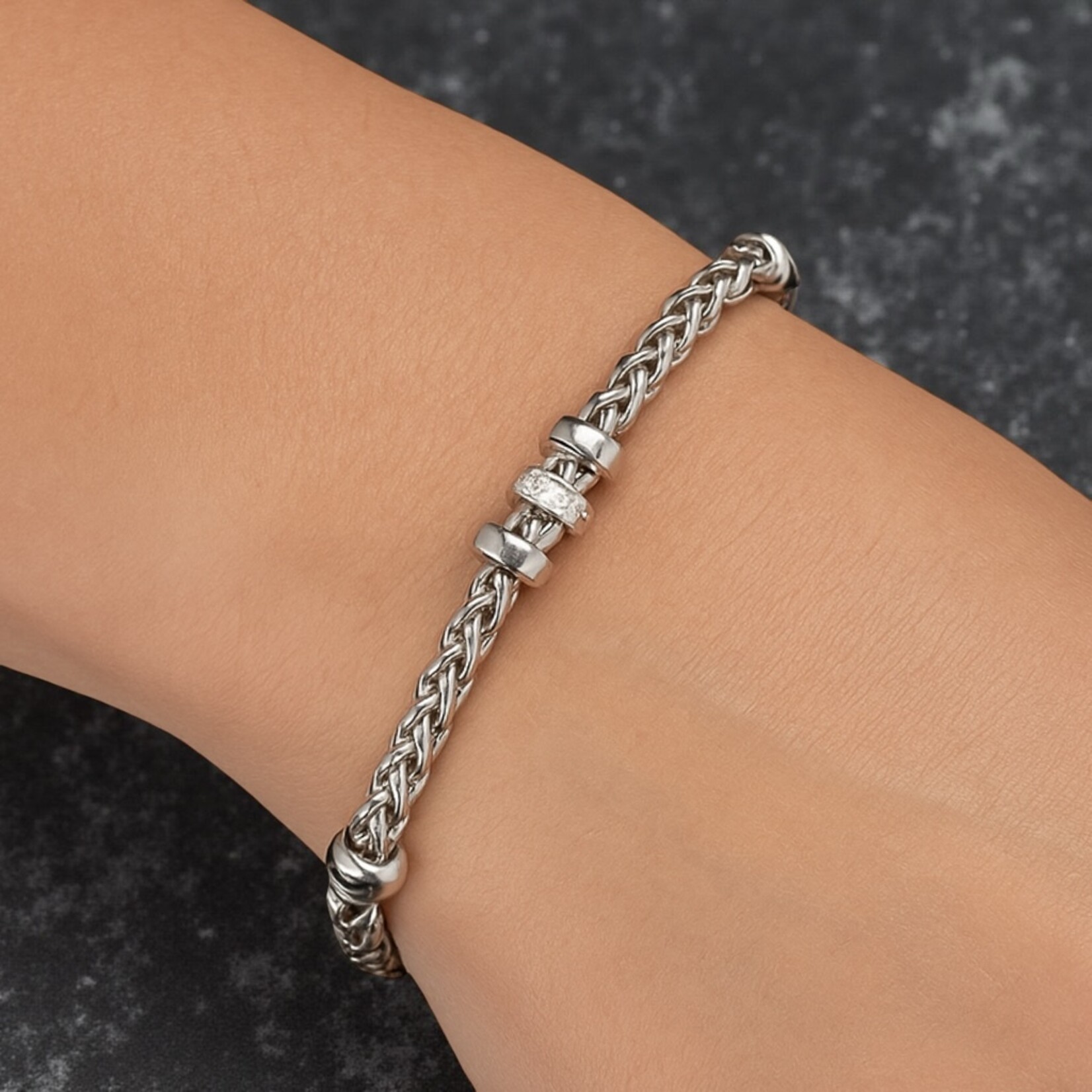 Sterling Silver Diamond Rondelle Wheat Chain Bracelet