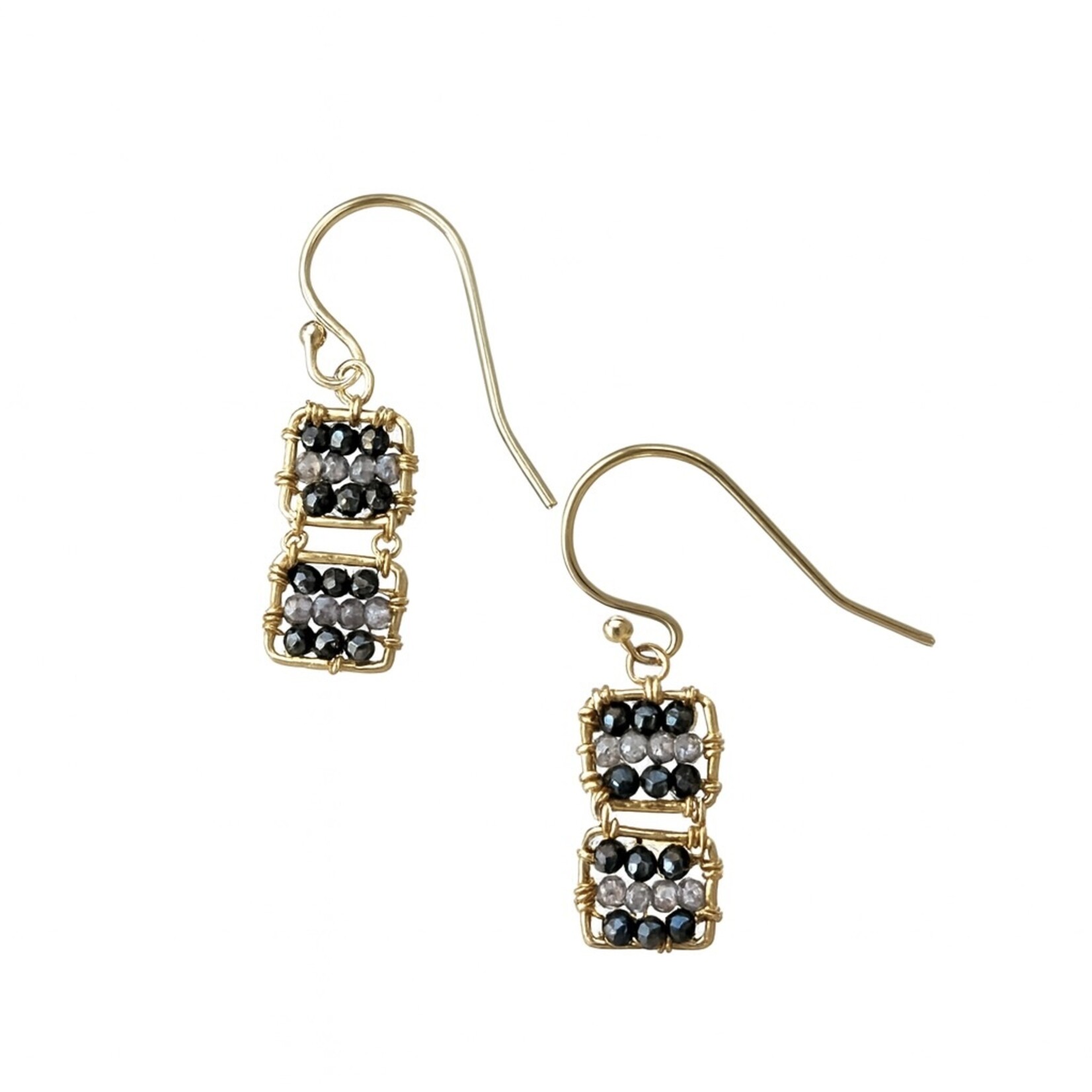 Michelle Pressler 14K Yellow Gold Overlay Double Square Zebra/White Topaz (Black Spinel, Grey Zircon) Earrings