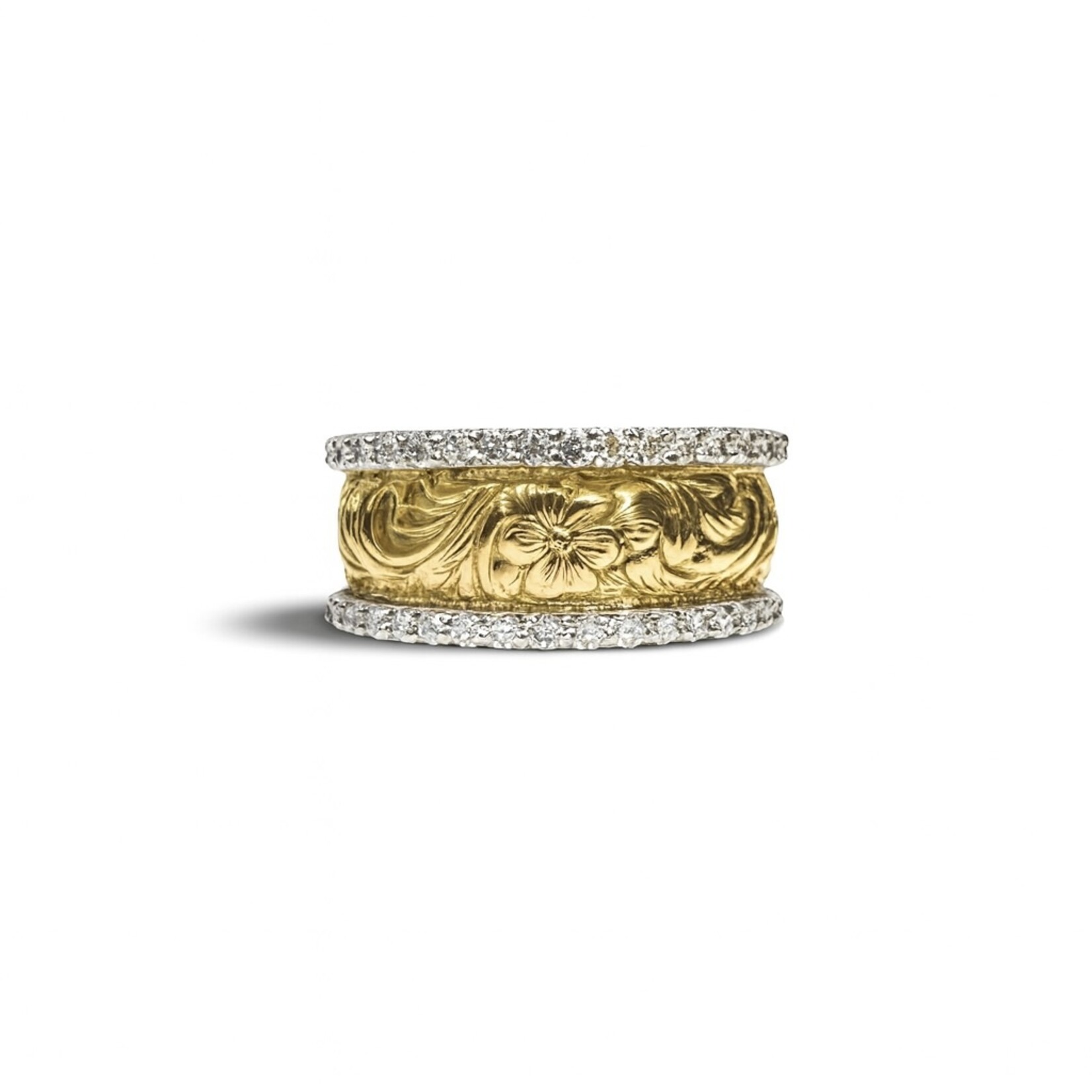 14k Yellow Gold & Platinum Hand Engraved Diamond Band
