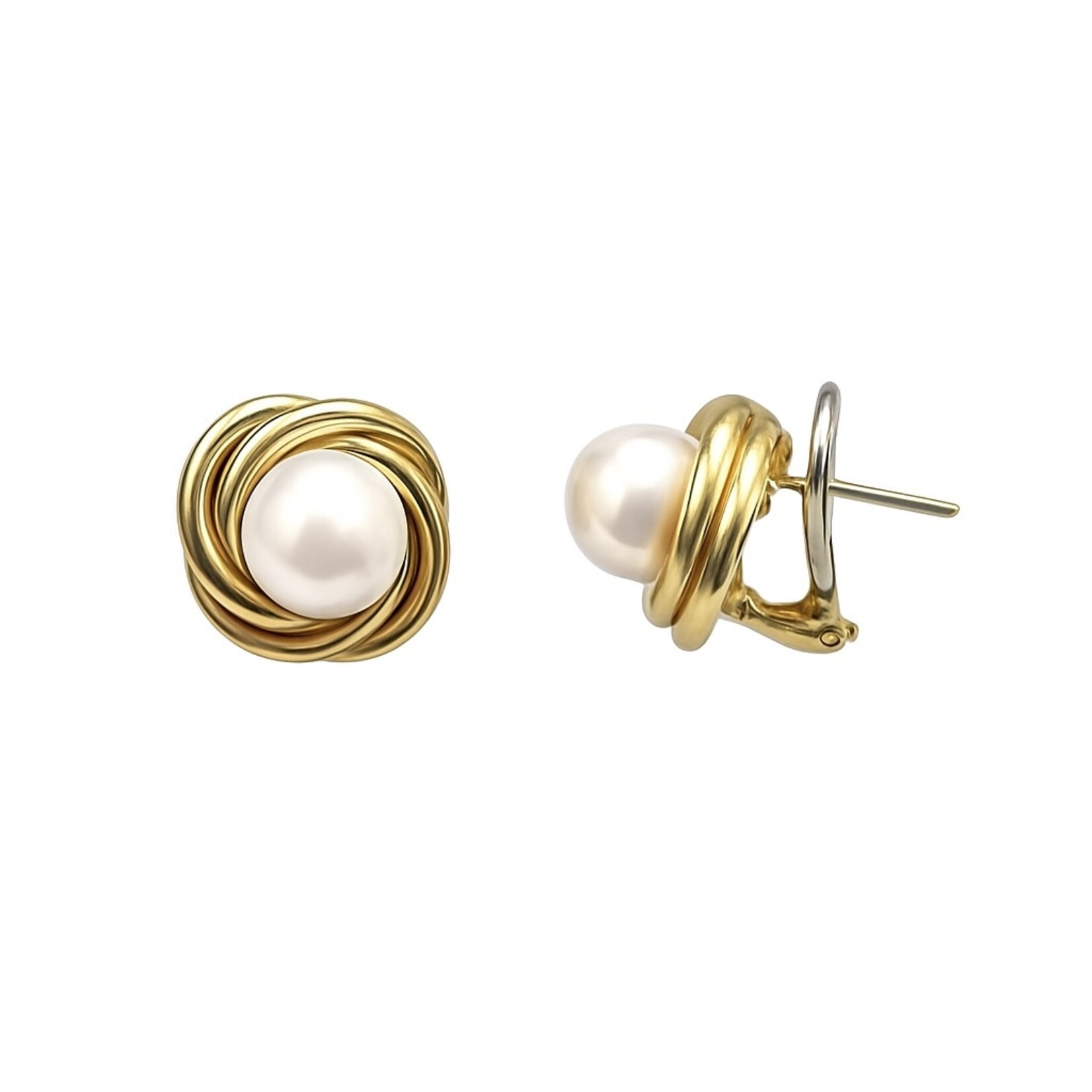 14K Yellow Gold Akoya Pearl Knot Omega Clip Earrings