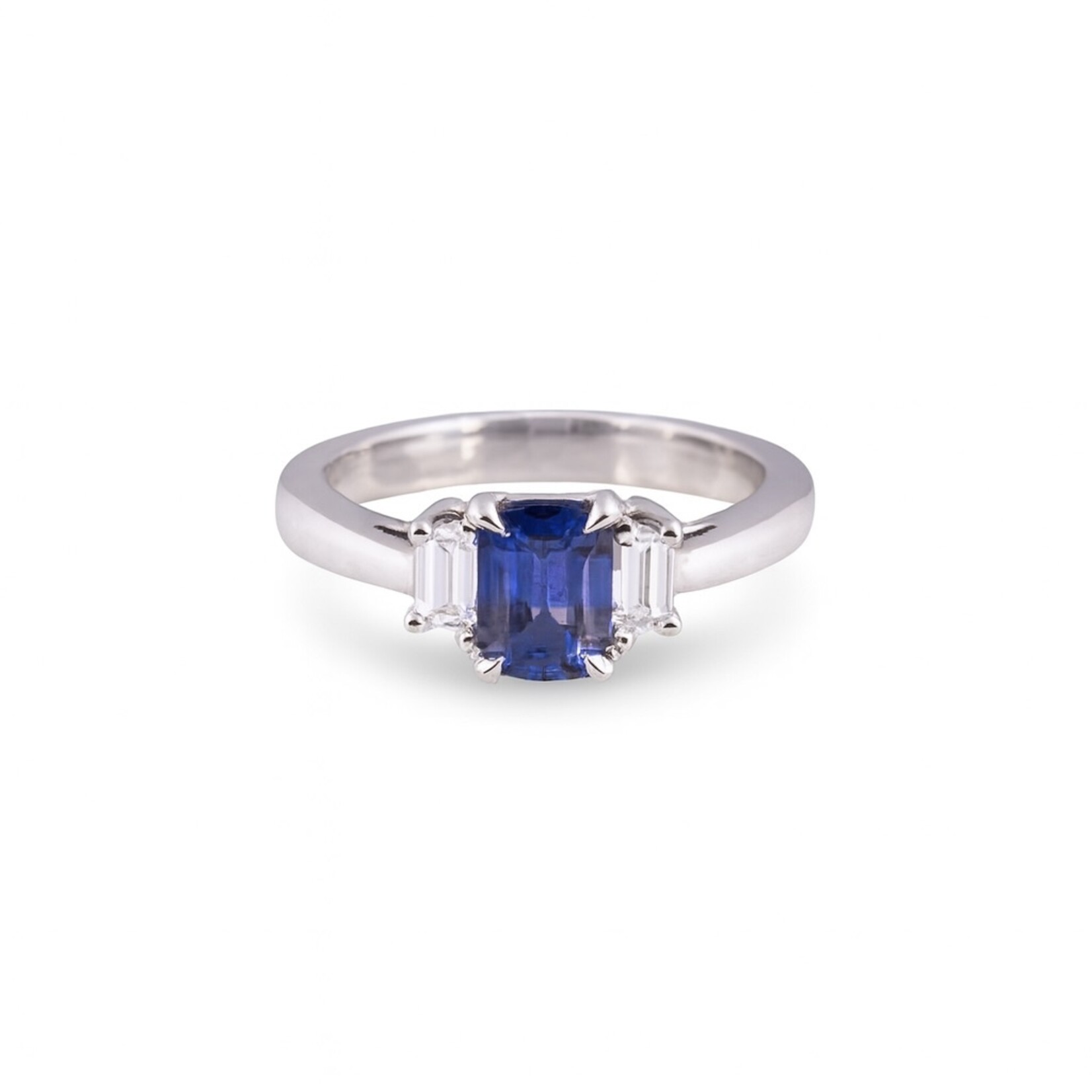 14K Gold Cushion Sapphire & Trapezoid Diamond Ring
