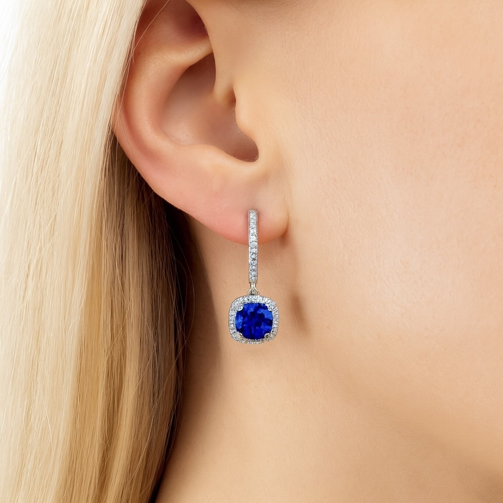 18K White Gold Tanzanite  & Diamond Halo Drop Earrings