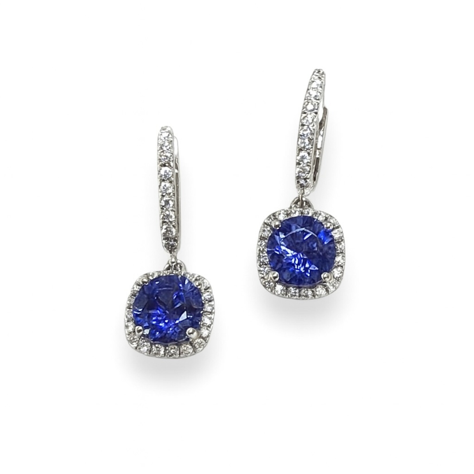 18K White Gold Tanzanite  & Diamond Halo Drop Earrings