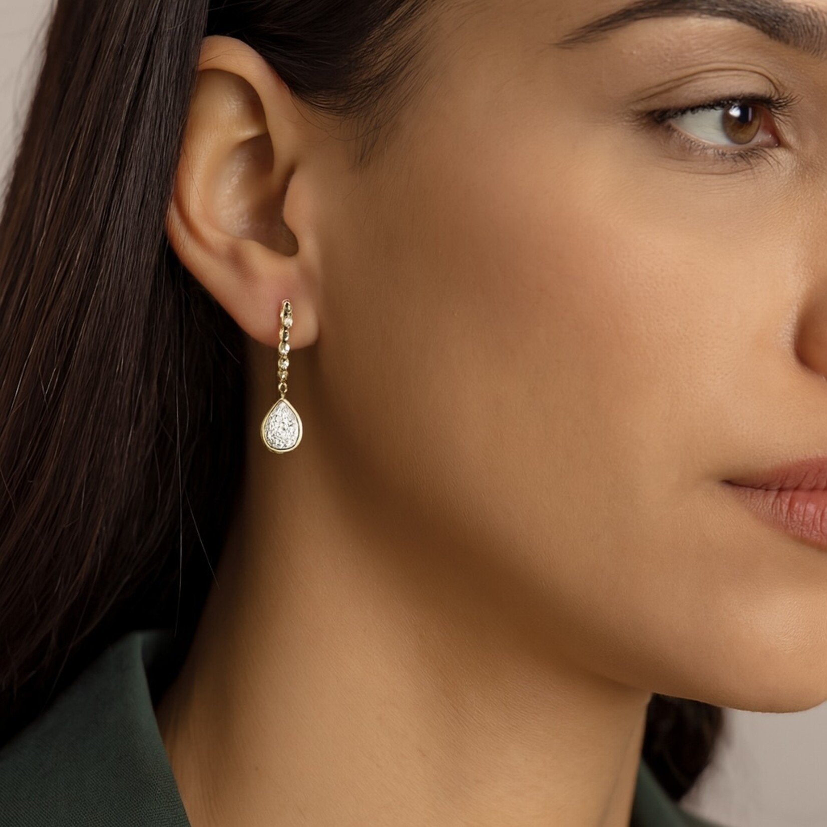 14K Yellow Gold Pave Diamond Teardrop Hoop Earrings