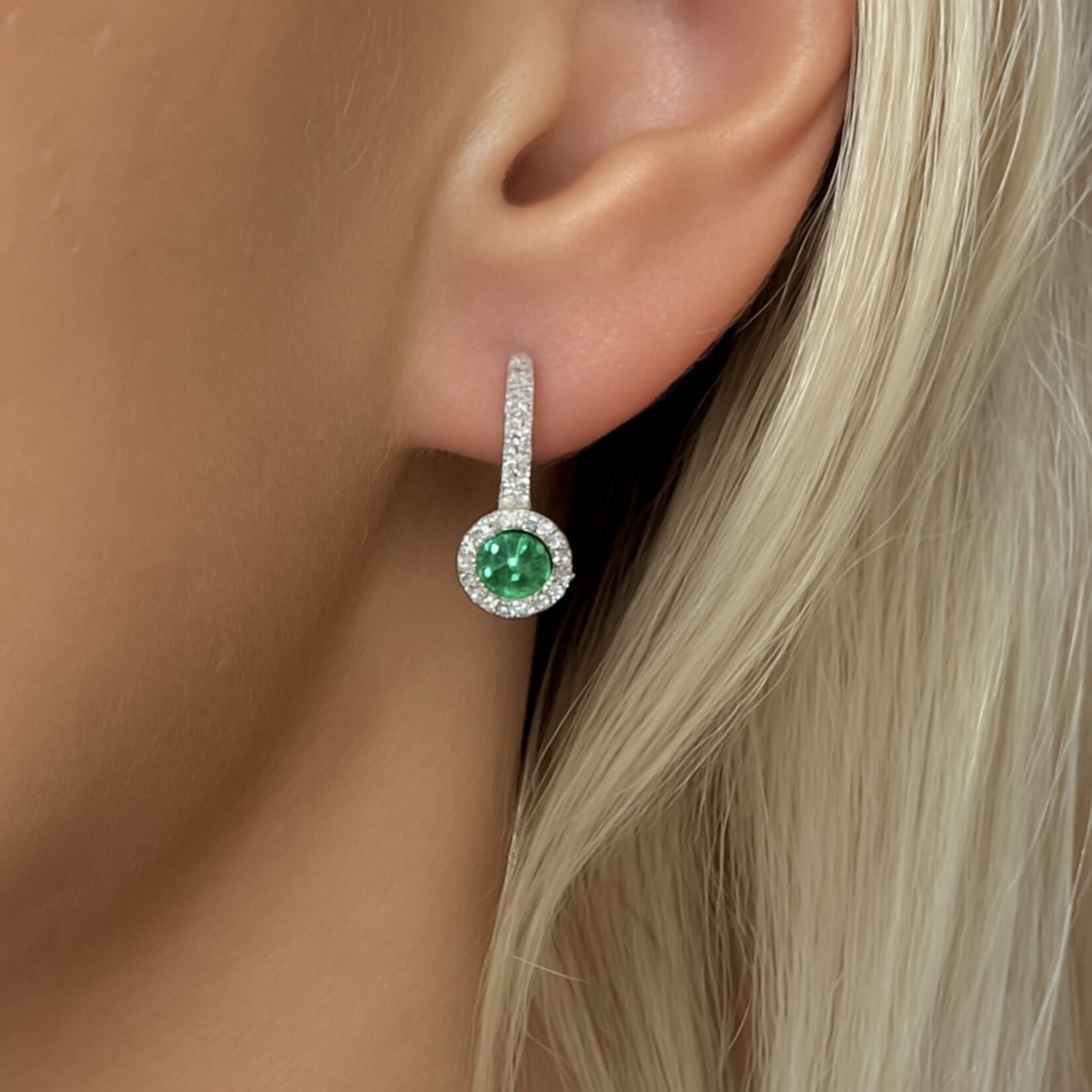 18K White Gold Emerald Halo Drop Earrings