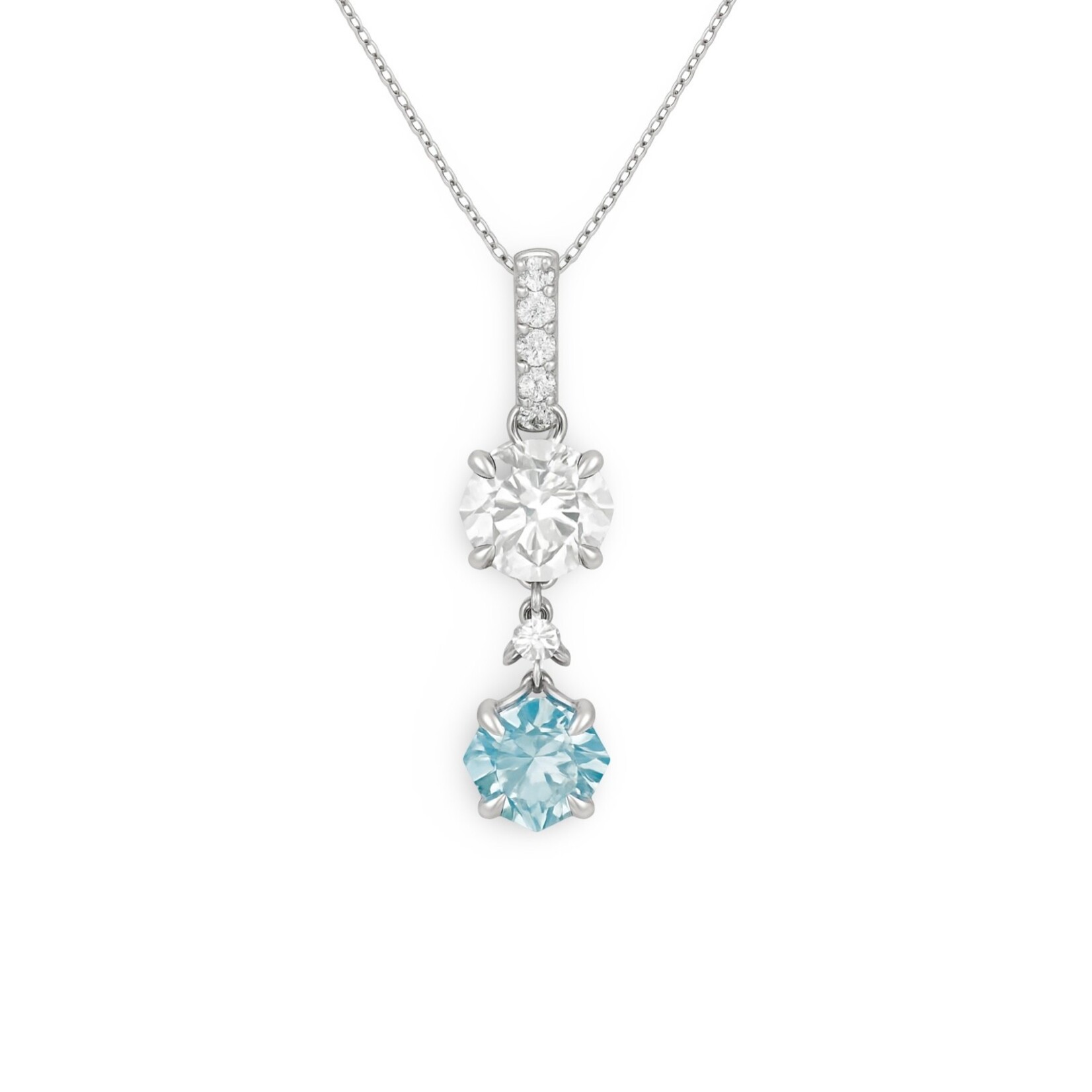 14K White Gold Lab Cushion Diamond & Blue Diamond Pendant