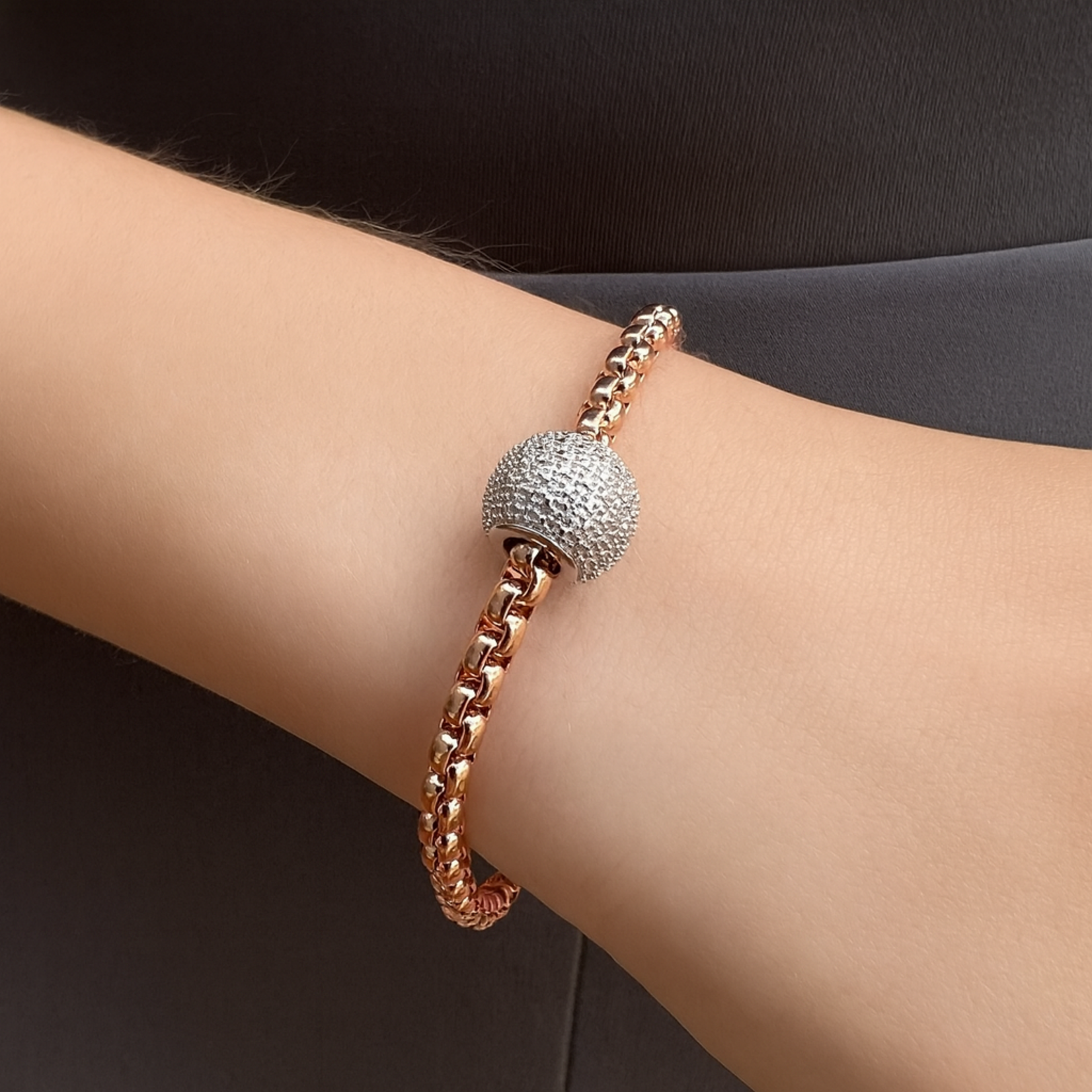 14K Rose Gold over Sterling Silver Pave Diamond Ball Bracelet