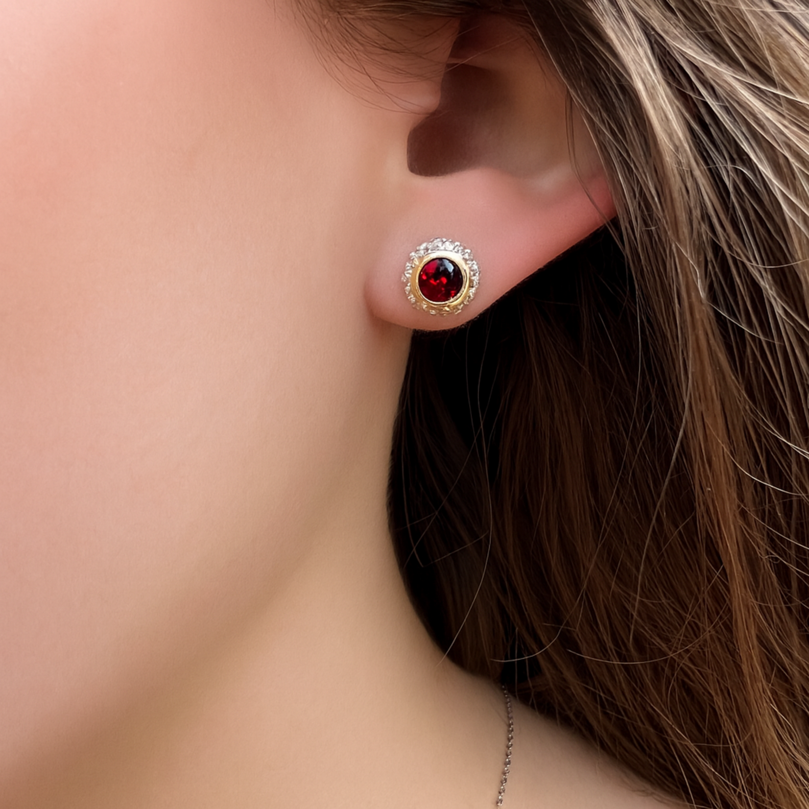 Sterling Silver & 18KY Gold Garnet Stud Earrings