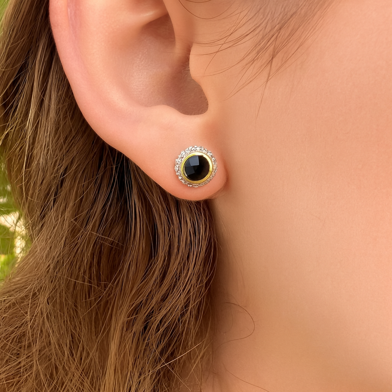 Sterling Silver & 18KY Gold Onyx Stud Earrings