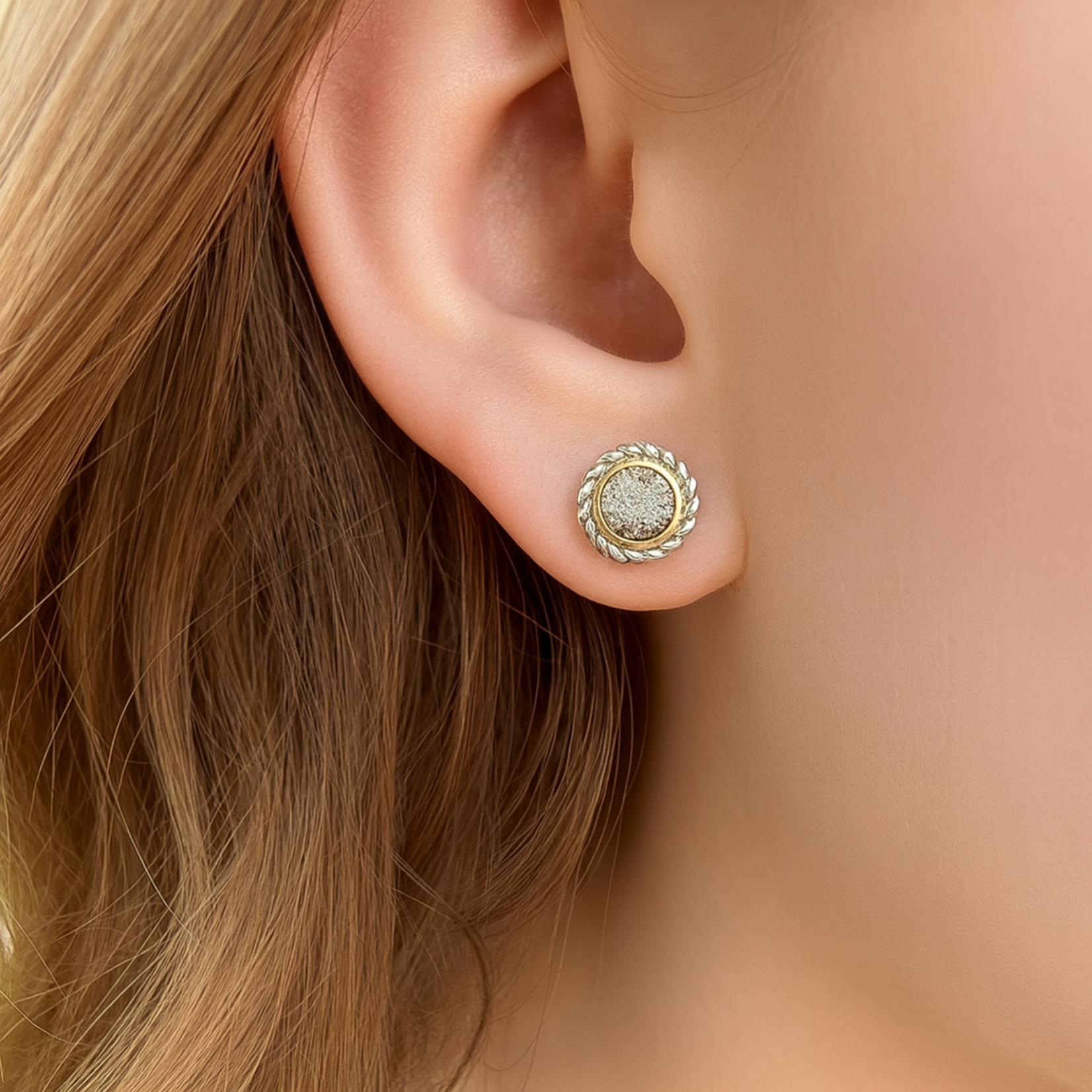 Sterling Silver 18K Yellow Gold Diamond .16ctw  Round Stud Earrings