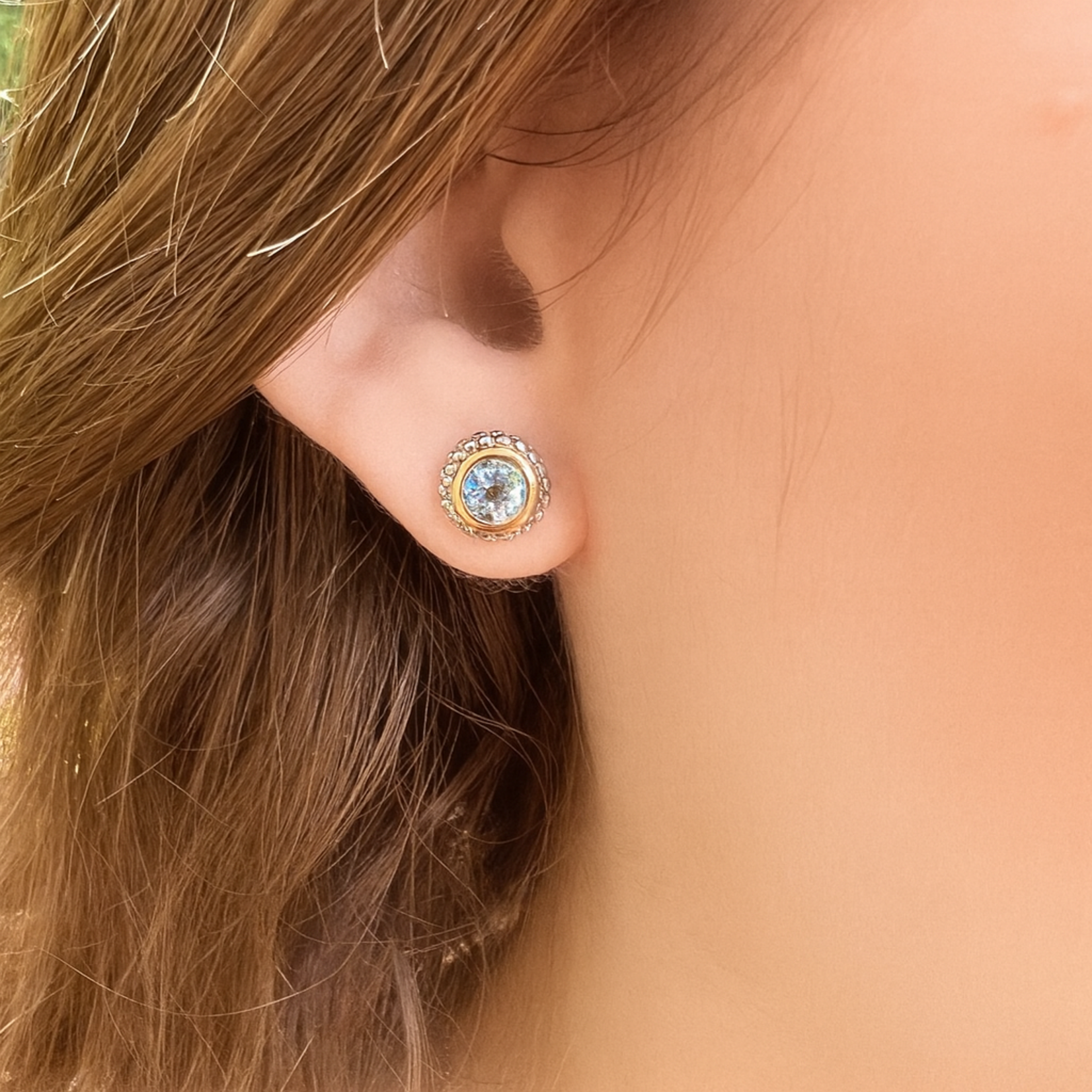 Sterling Silver & 18KY Gold Blue Topaz Stud Earrings