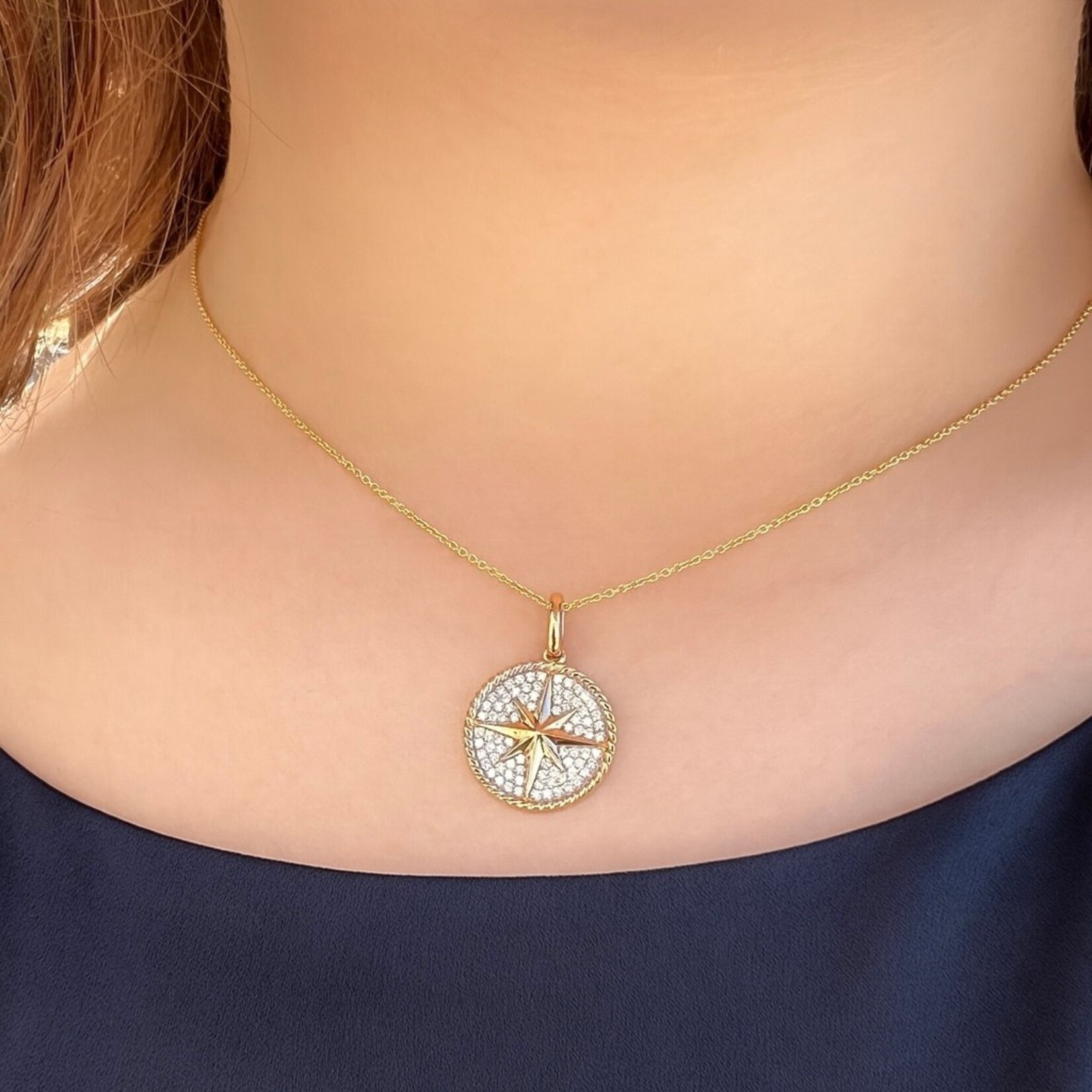 14K Yellow Gold Pave Diamond Compass Pendant