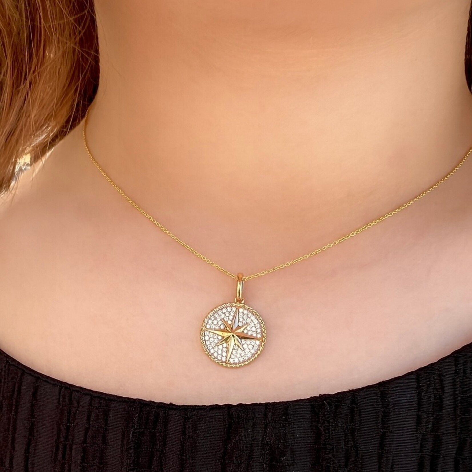 14K Yellow Gold Pave Diamond Compass Pendant