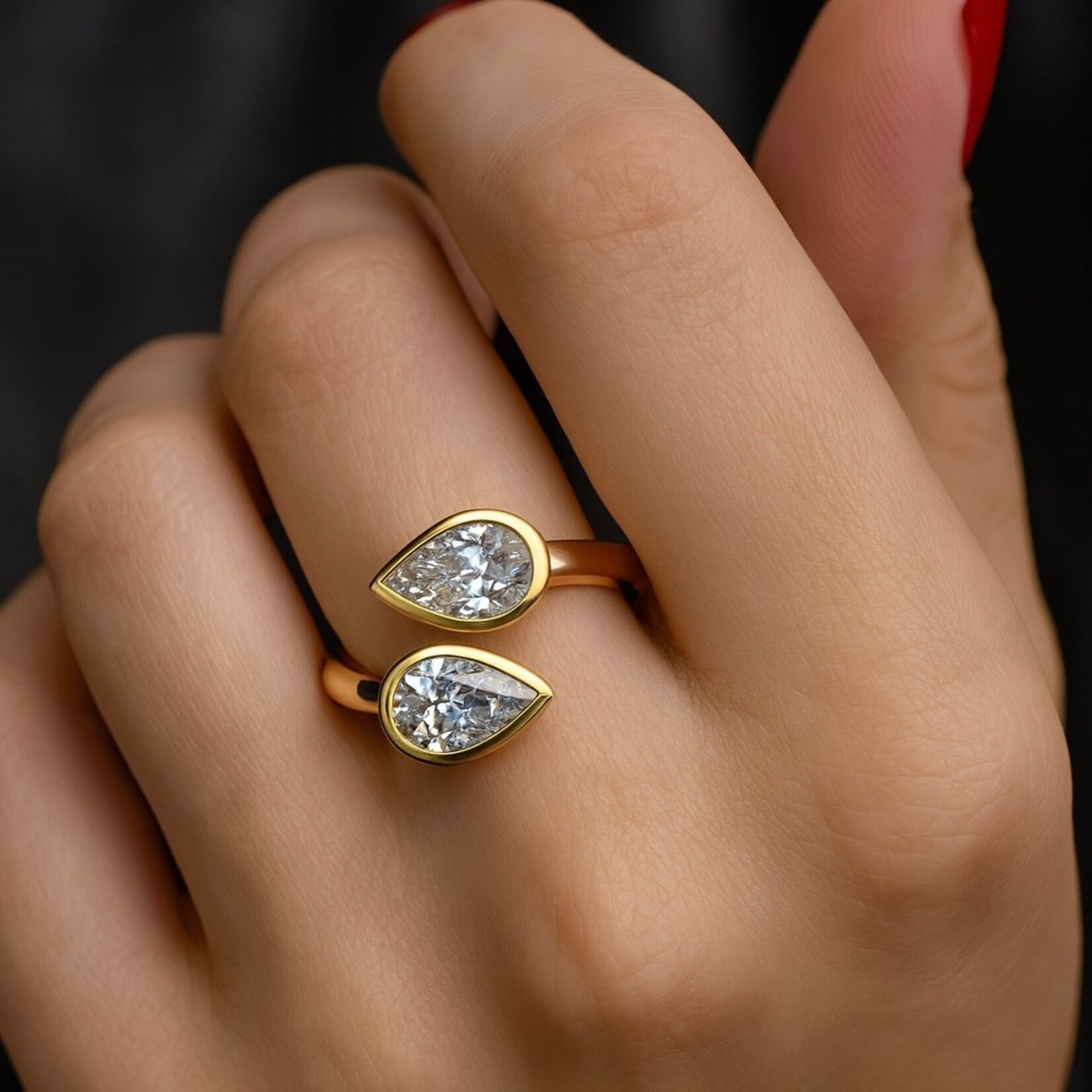 14K Yellow Gold Pear Shape Diamond Toi Et Moi Ring