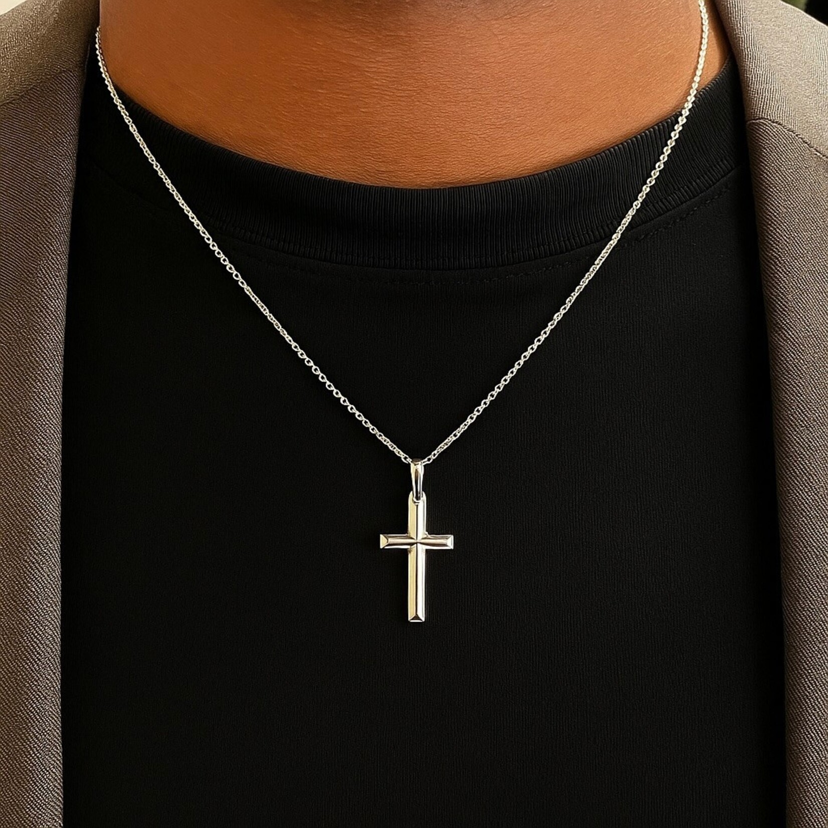 Sterling Silver Beveled Cross Cable Chain