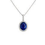 18K White Gold Oval Sapphire & Diamond Halo Pendant