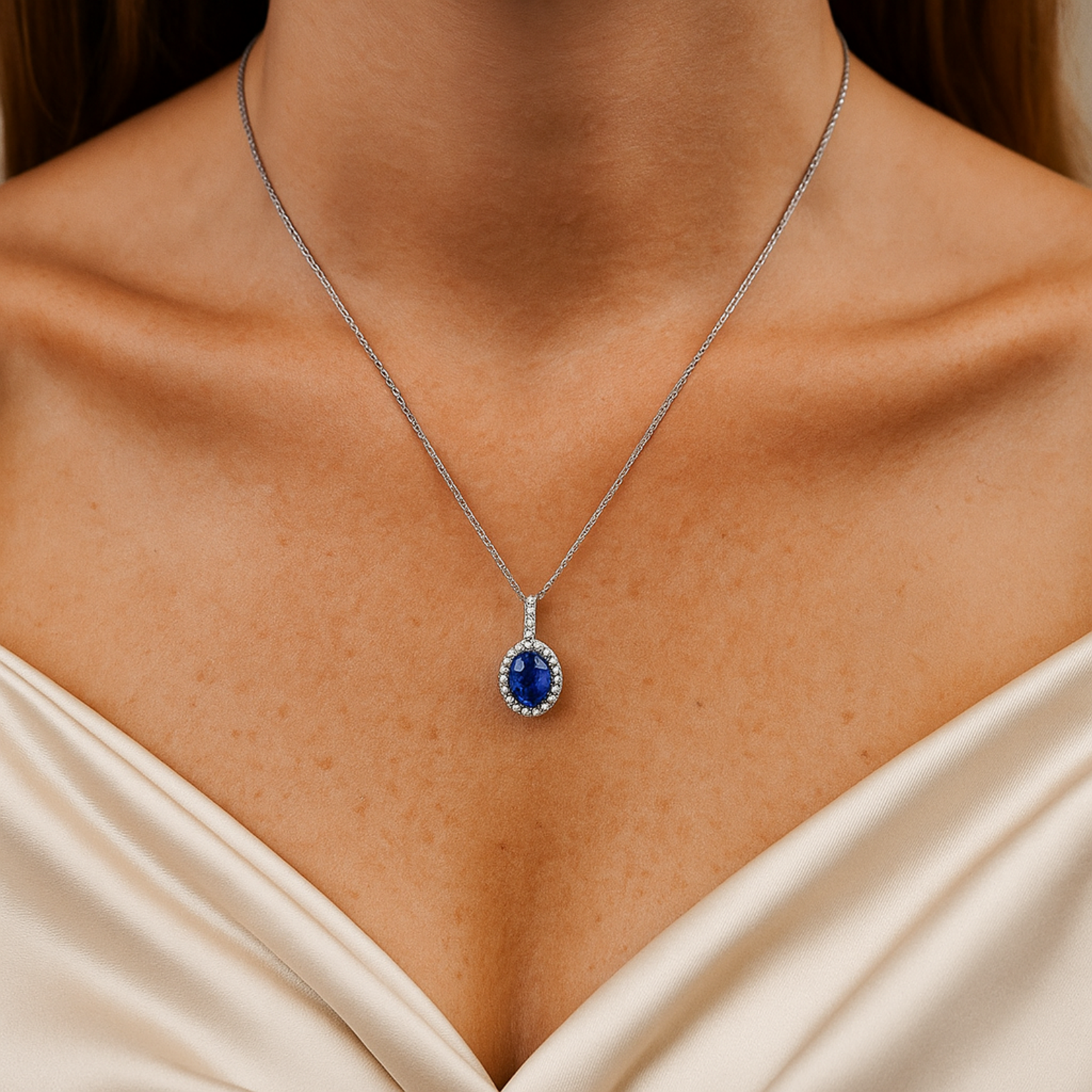 18K White Gold Oval Sapphire & Diamond Halo Pendant
