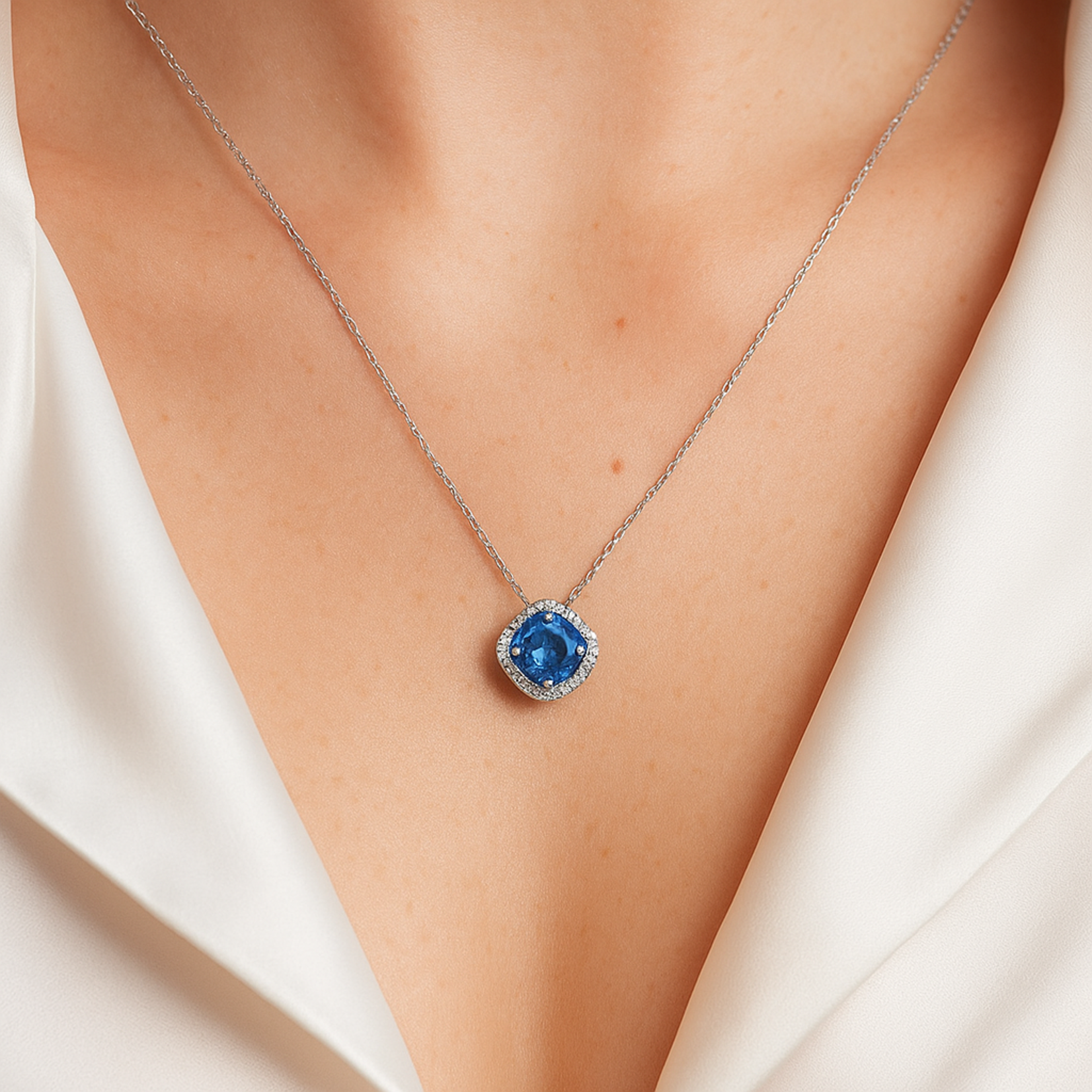 14K White Gold Sapphire & Diamond Cushion Halo Pendant