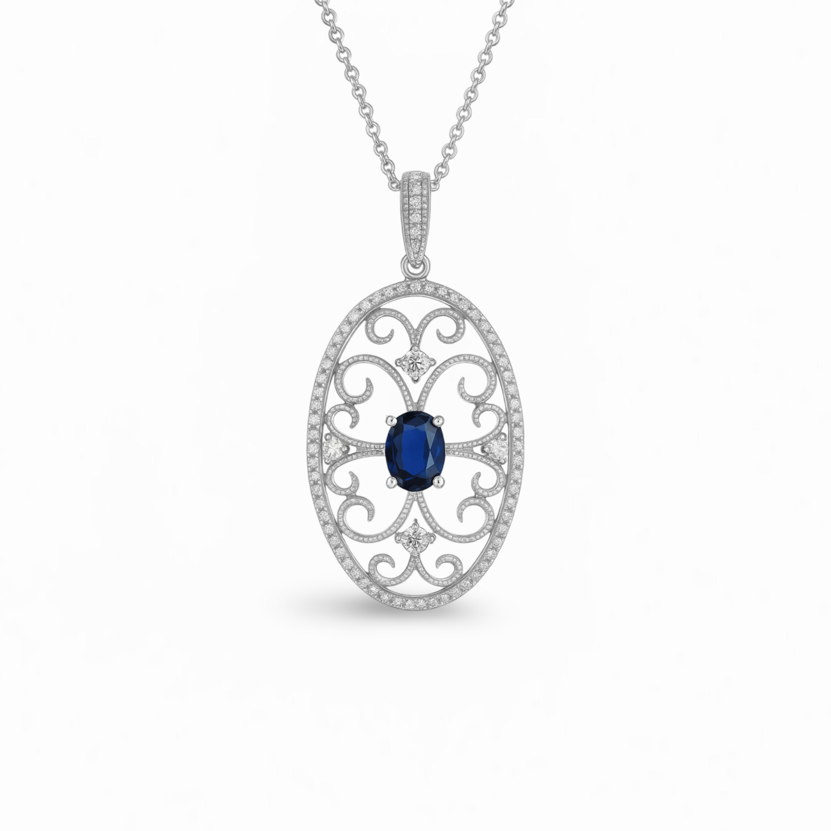 14K White Gold Oval Filigree Sapphire & Diamond Pendant