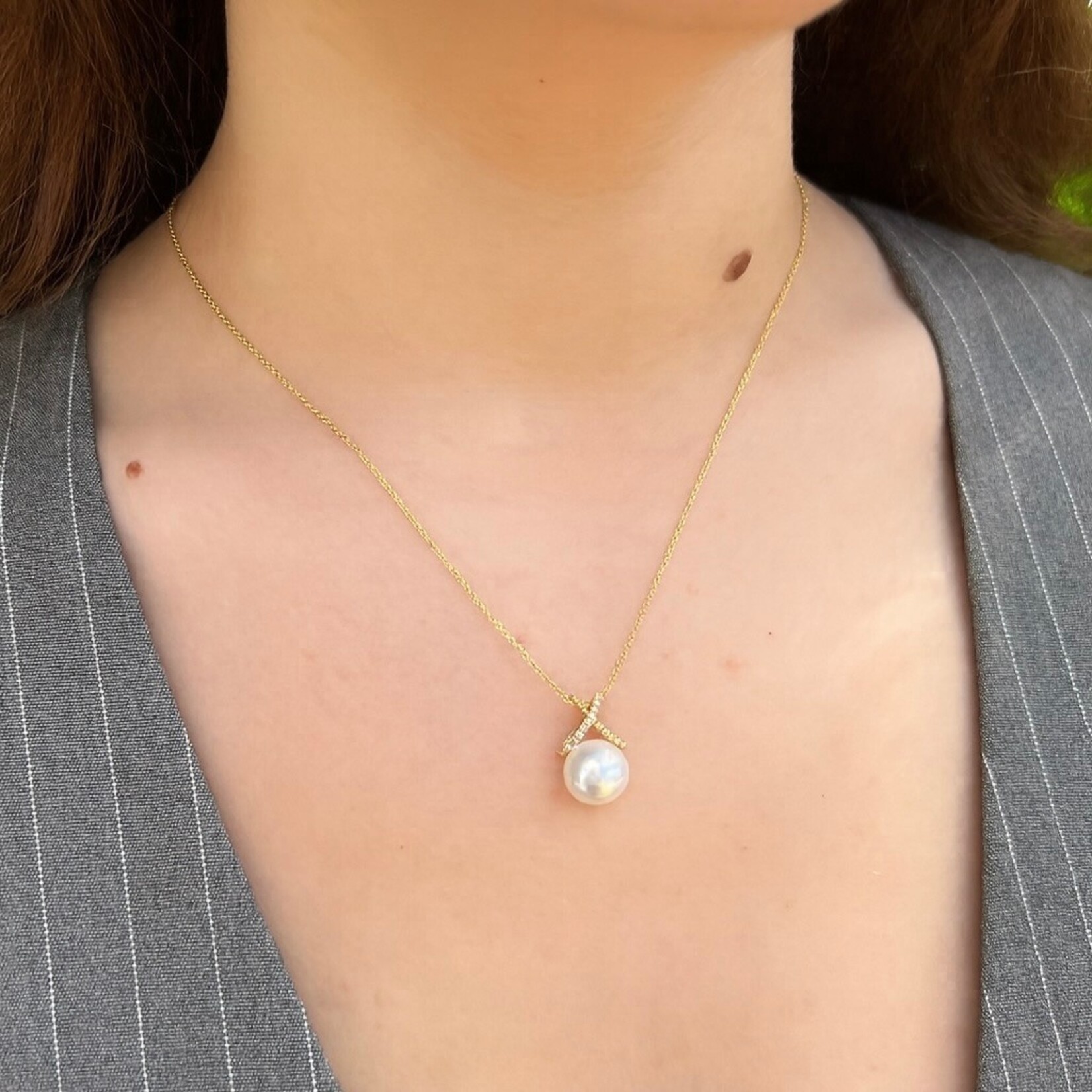 14K Yellow Gold  Cultured Pearl Diamond Cable Pendant
