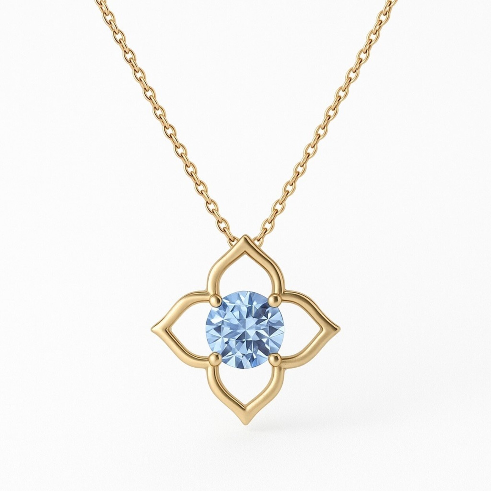 14K Yellow Gold Lab Aquamarine Blossom Frame Pendant