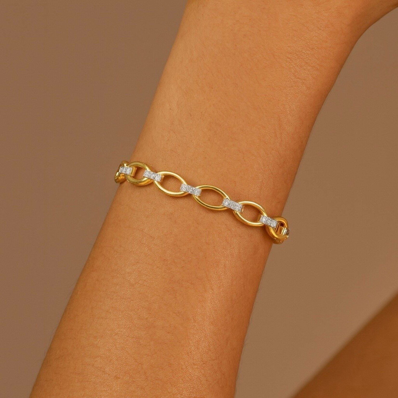 14K Yellow Gold Sterling Diamond Link Bangle
