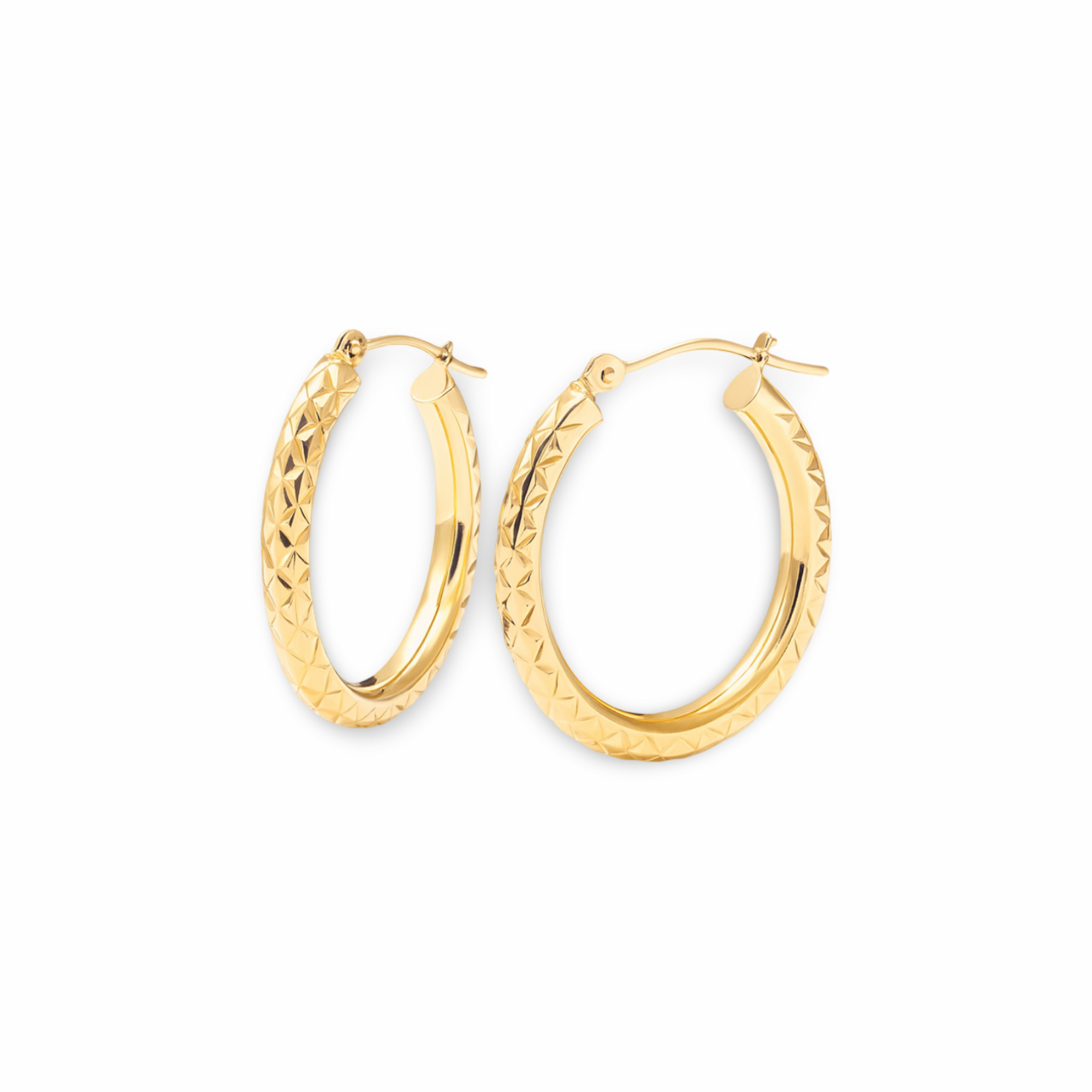 14K Yellow Gold  Medium Oval Diamond Cut Hoop Earrings