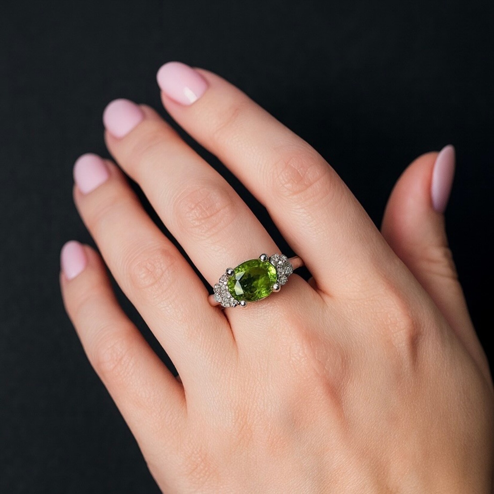14K White Gold Peridot and Diamond Ring