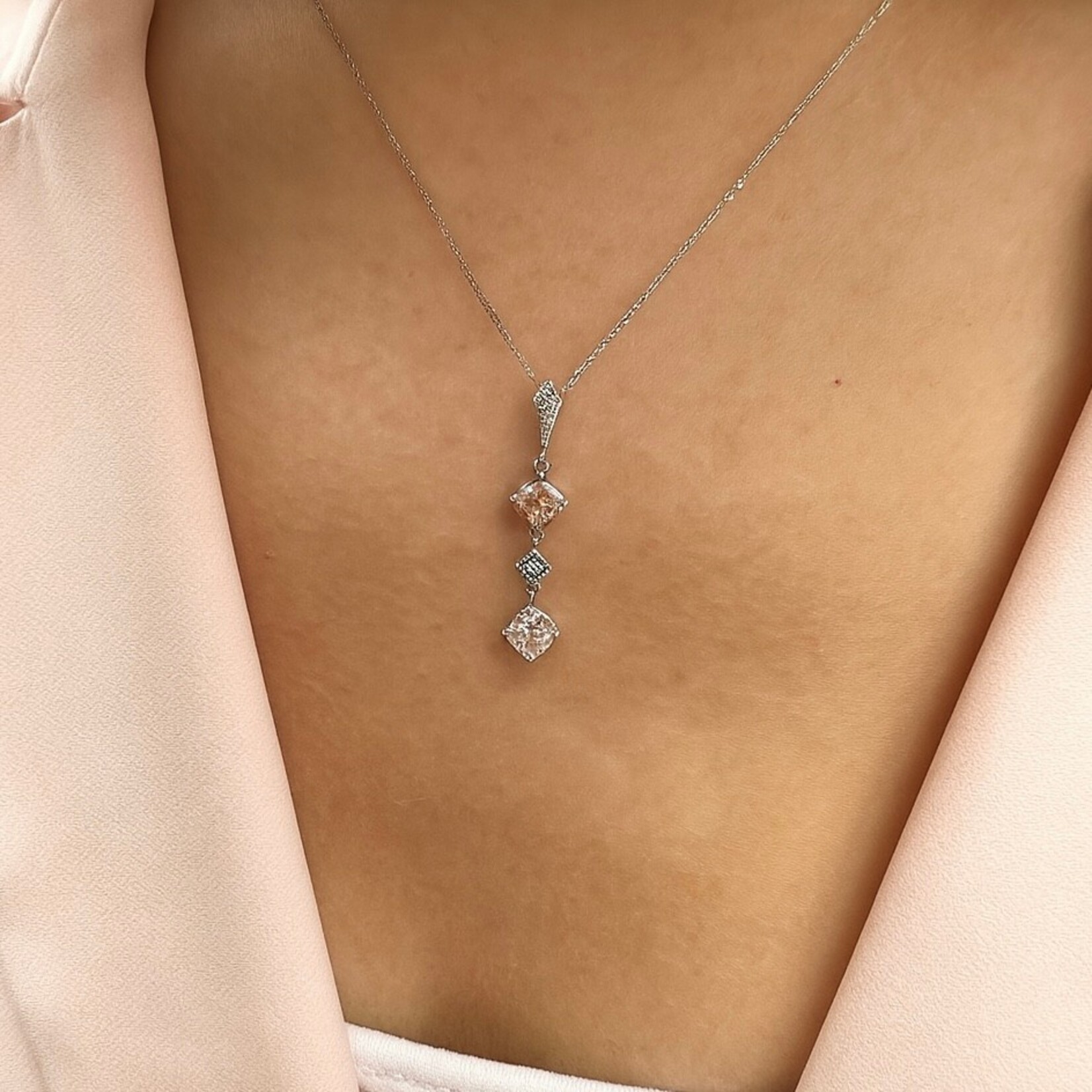 14K White Gold  Lab Cushion Diamond & Pink Diamond Pendant