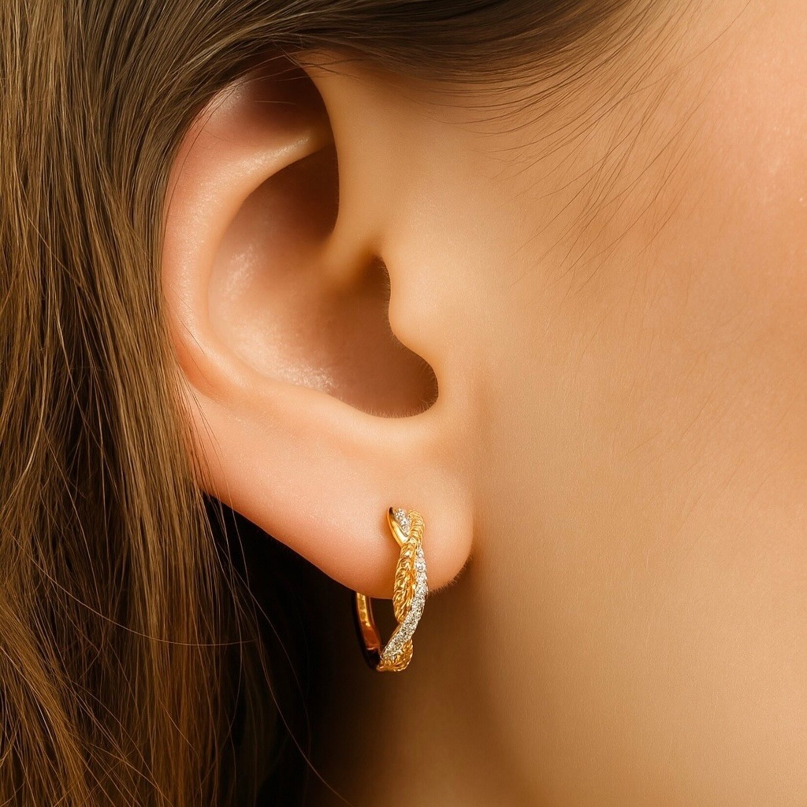 14K Yellow Gold Diamond Twisted Cable Link Hoop Earrings