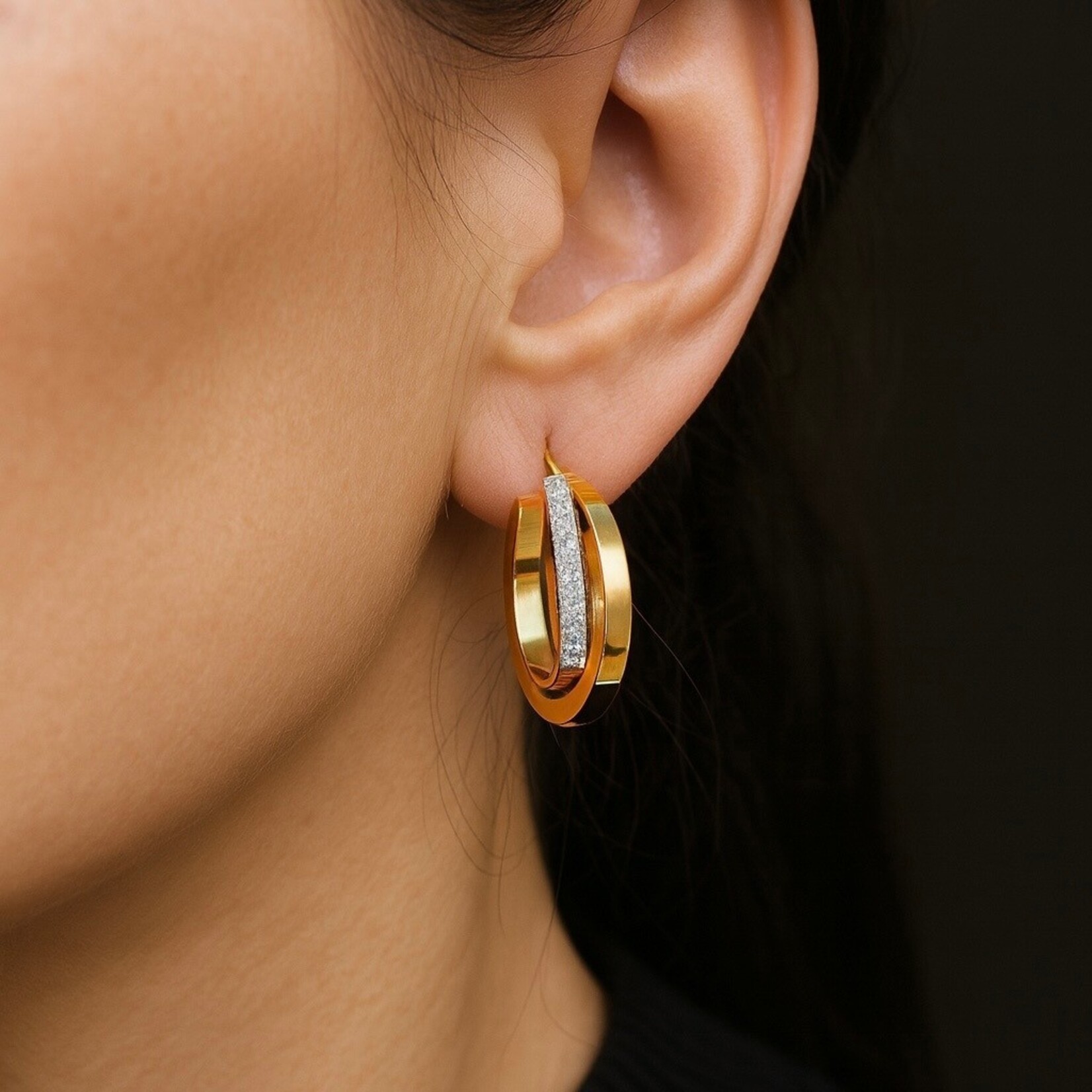 14K Two Tone Diamond Interlocking Hoop Earrings