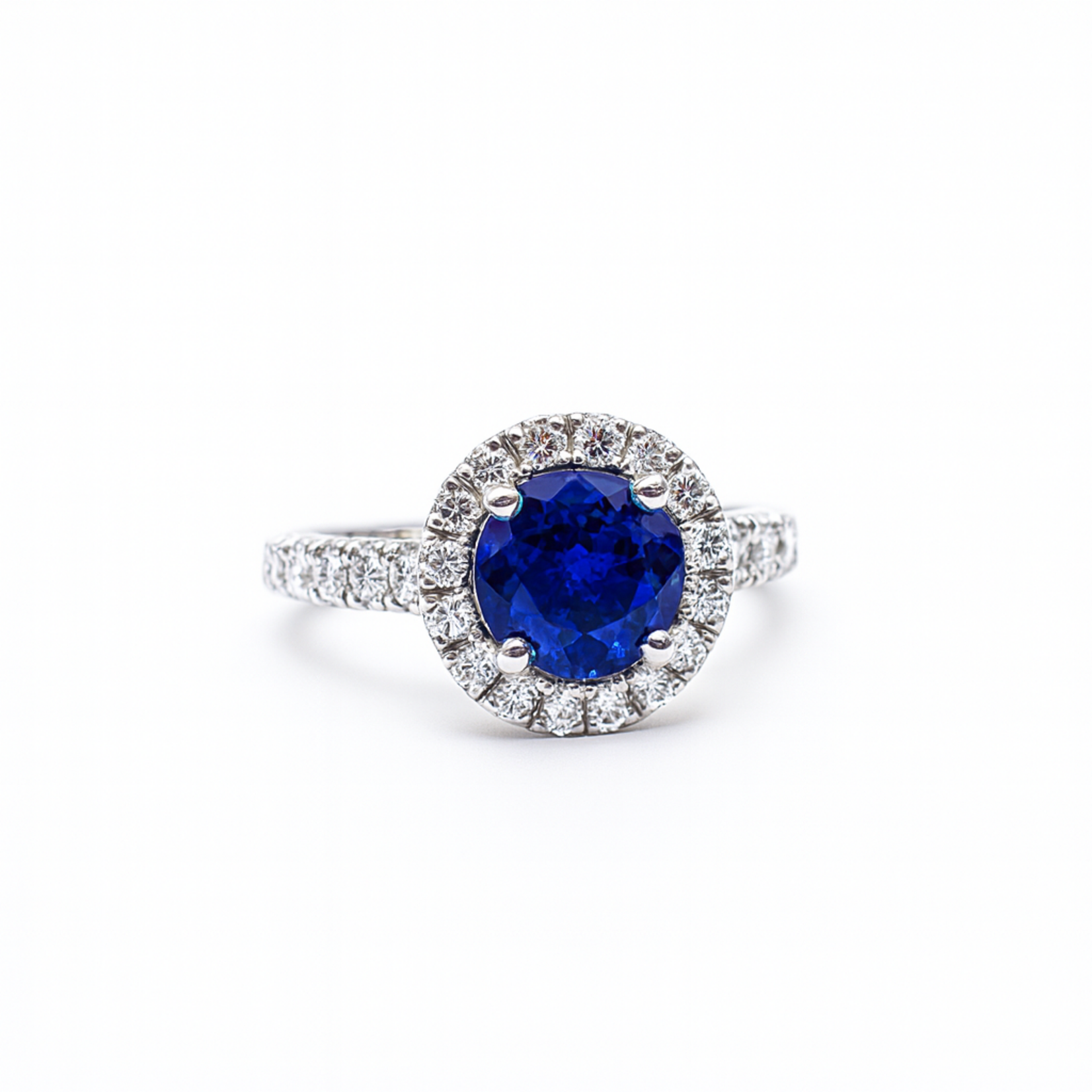 14K White Gold Round Blue Sapphire & Diamond Halo Ring
