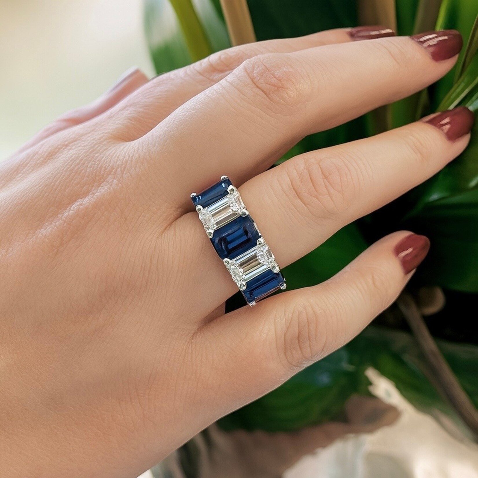 Platinum Sapphire & Diamond Emerald Cut Band