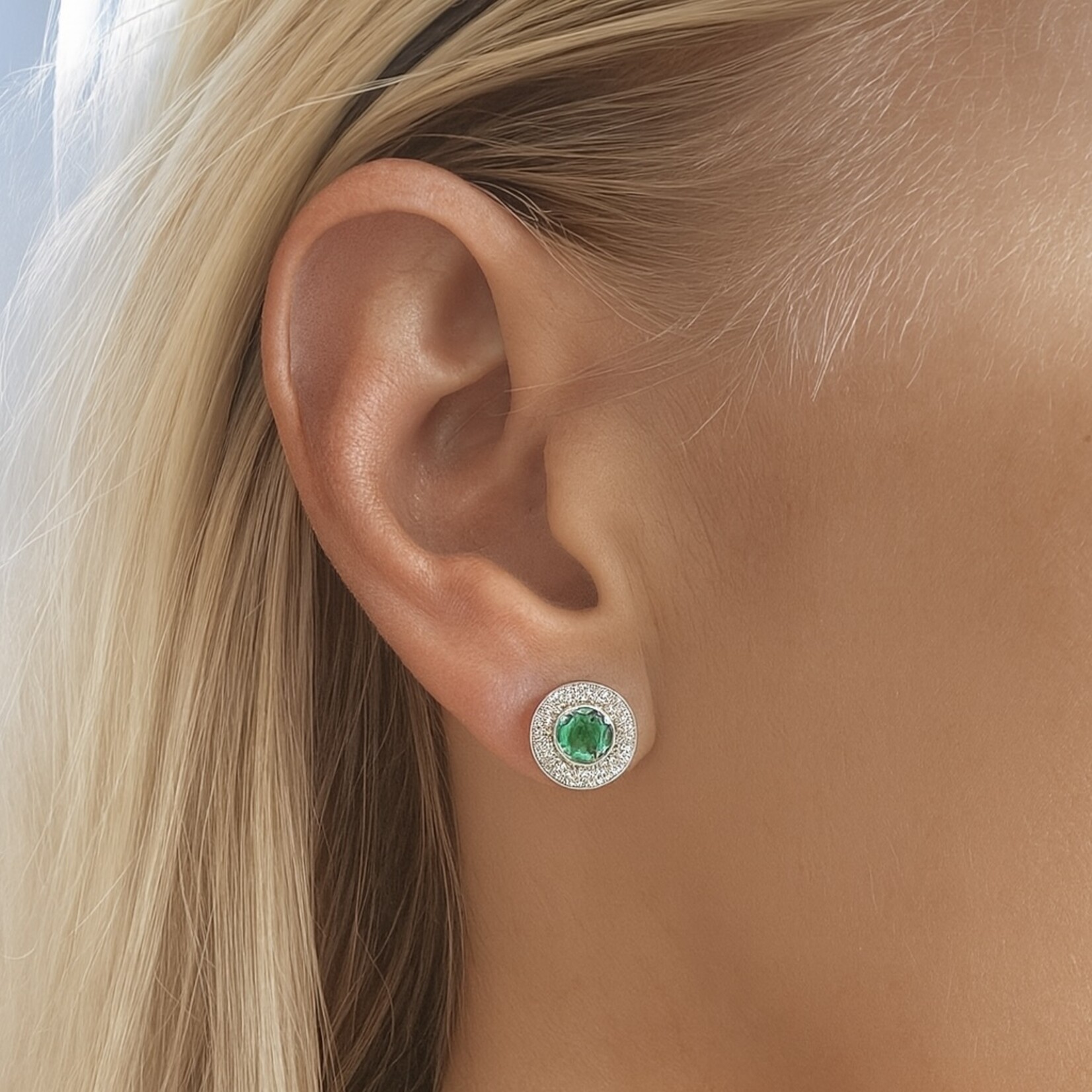 18K White Gold Emerald & Diamond Halo Stud Earrings