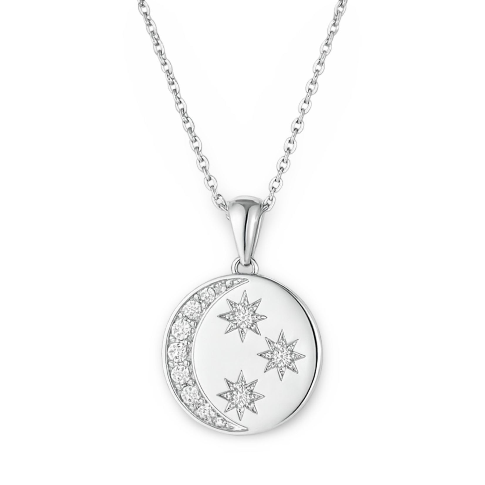 14K White Gold Diamond Moon & Stars Pendant