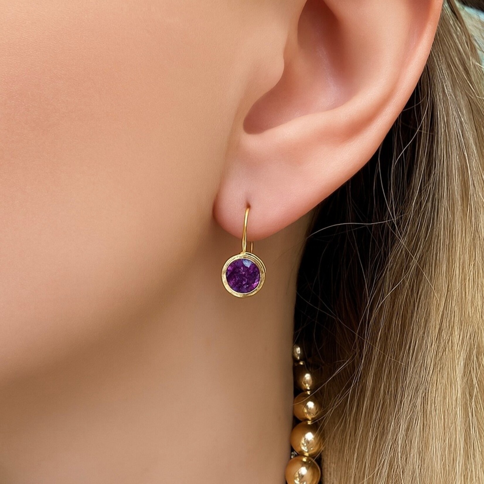 14K Yellow Gold Bezel Set Amethyst Drop Earrings