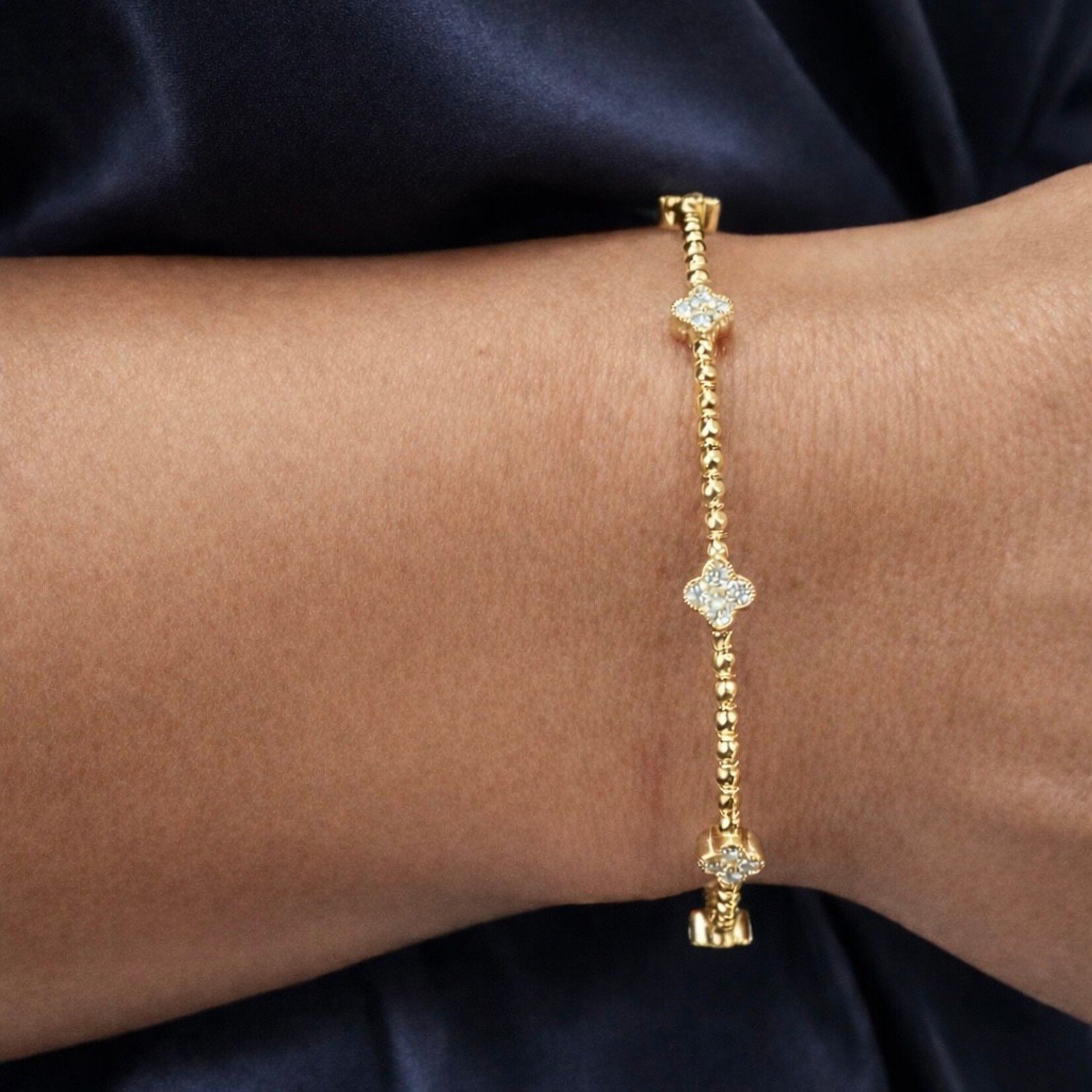 14K Yellow Gold Diamond Clover Flexible Bangle Bracelet