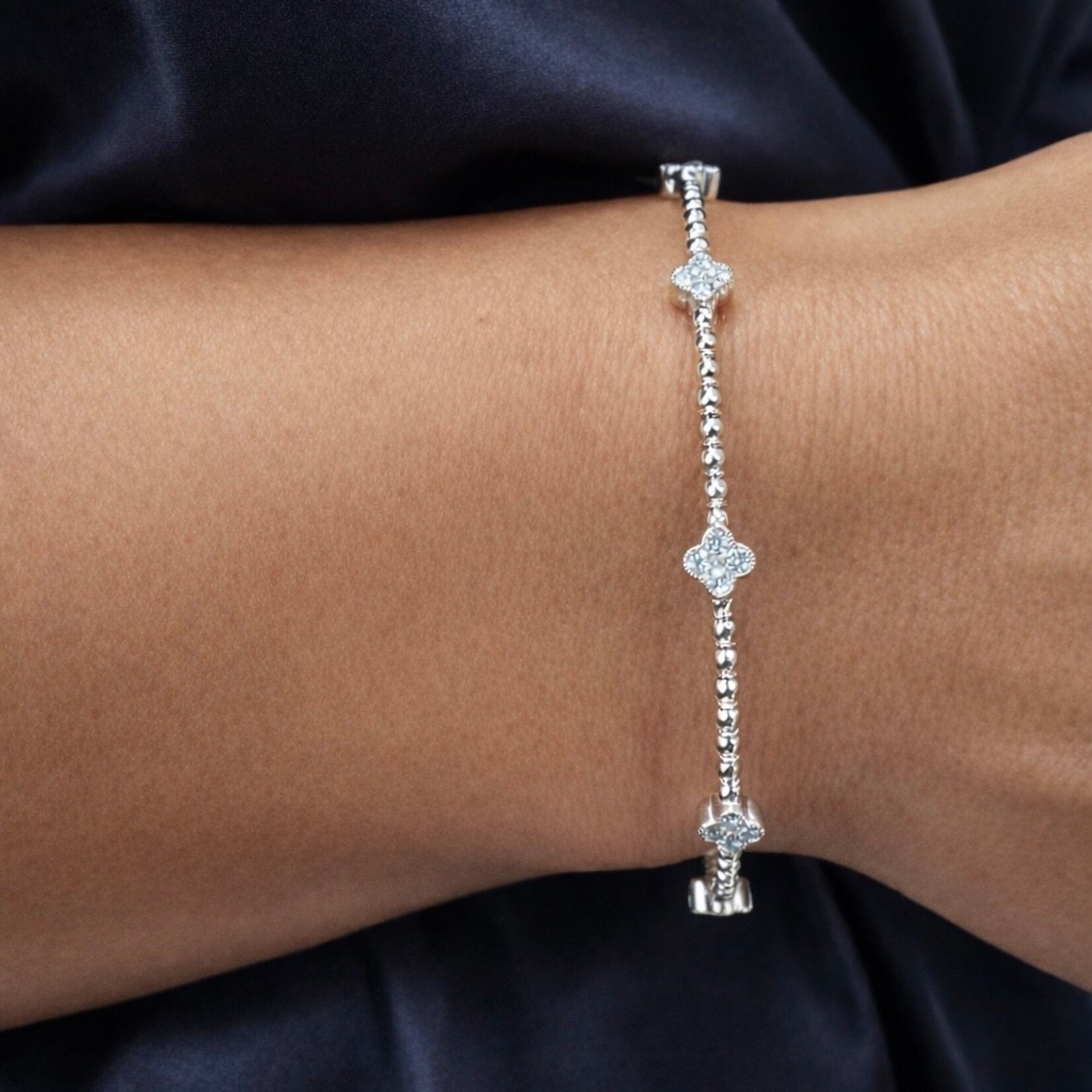 14K White Gold Diamond Clover Flexible Bangle Bracelet